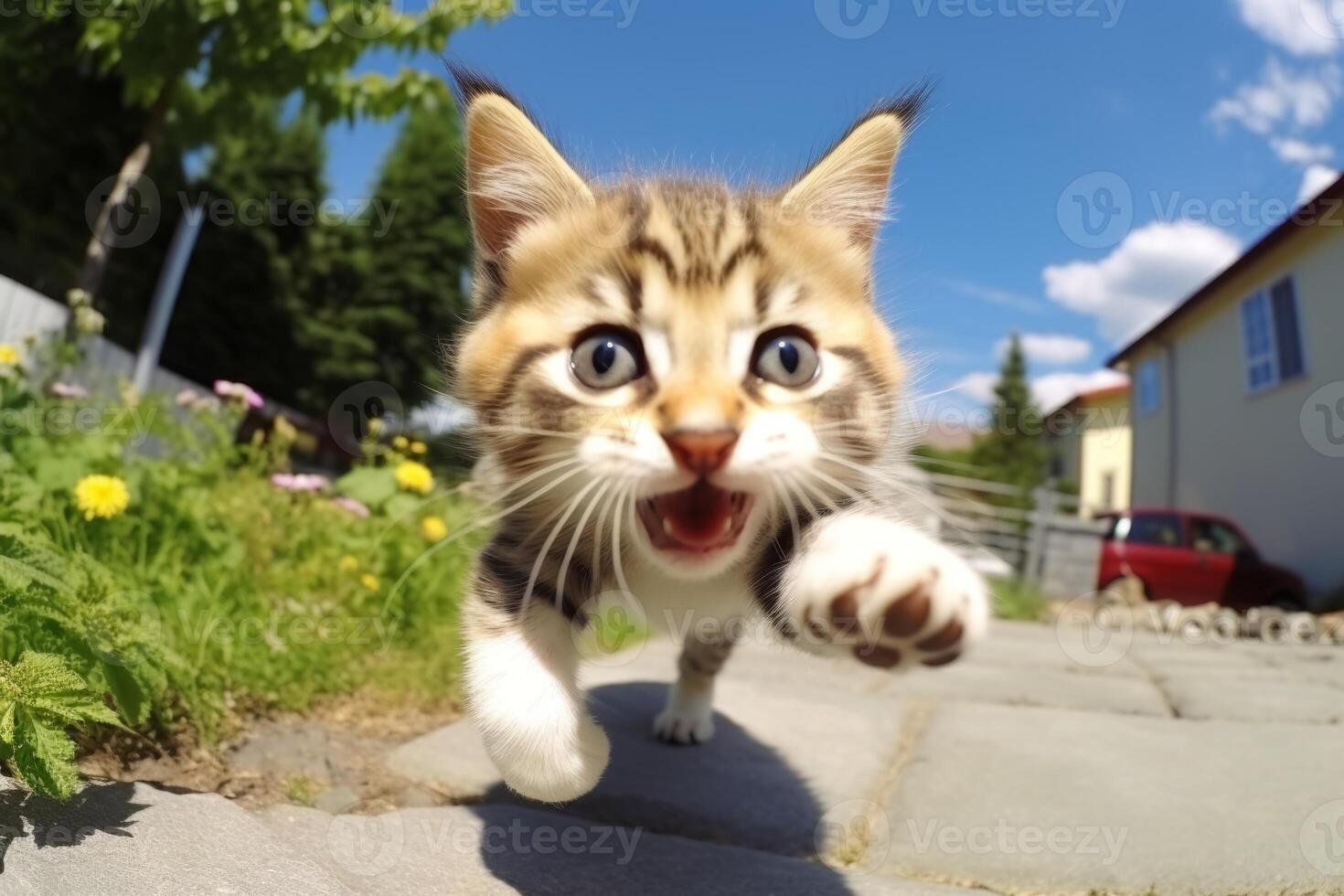 AI generated face of a cat running down the street close-up Generative AI photo