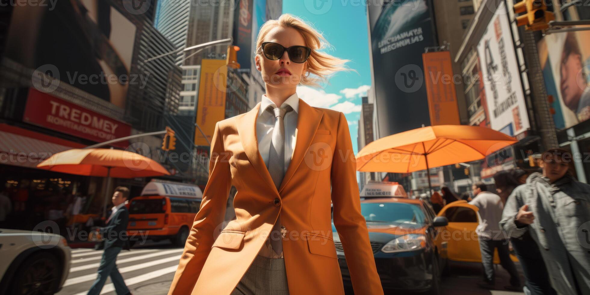 AI generated a confident businesswoman walks along a city street in a formal suit Generative AI photo