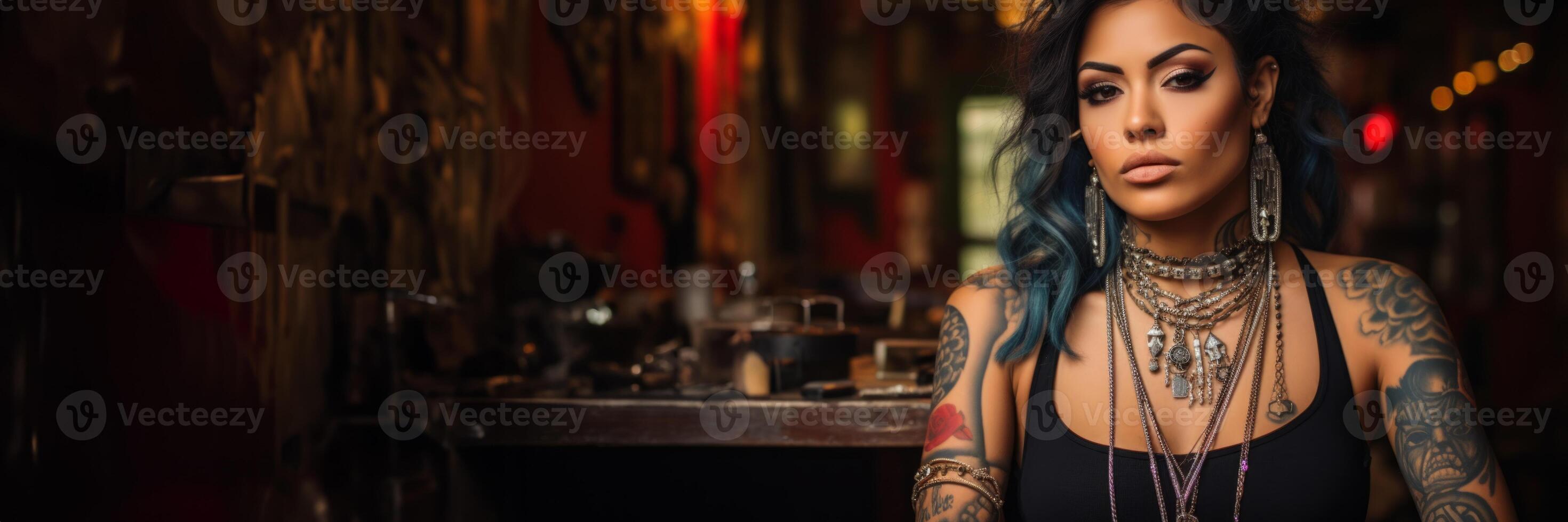 ai generado chica genética con tatuajes en un borroso antecedentes rativo ai foto