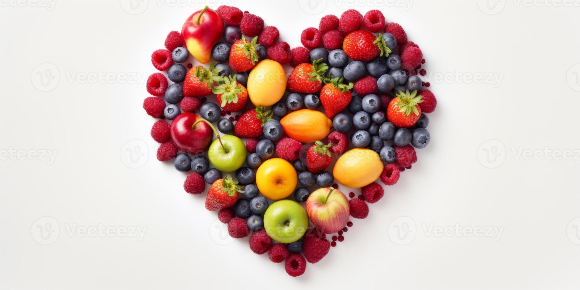 AI generated fruits and berries in the shape of a heart on a white background Generative AI photo