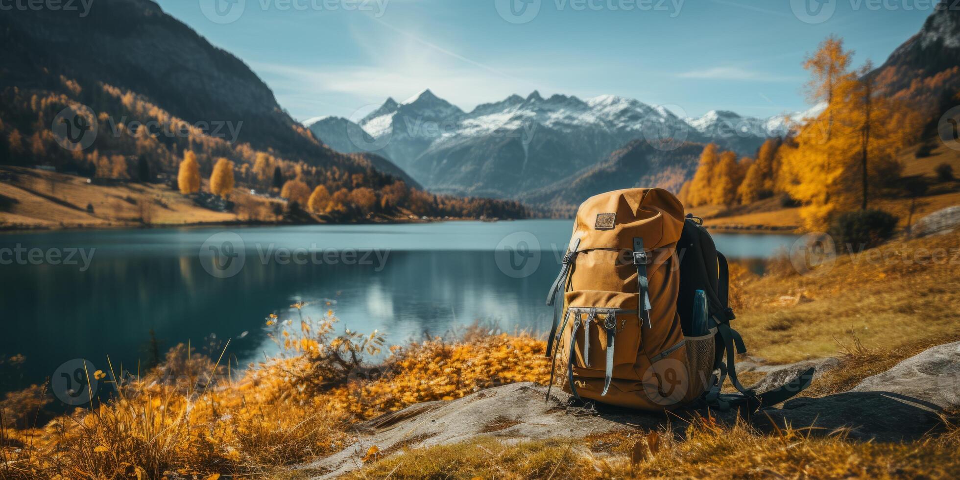 AI generated backpack against the background of an autumn landscape Generative AI photo