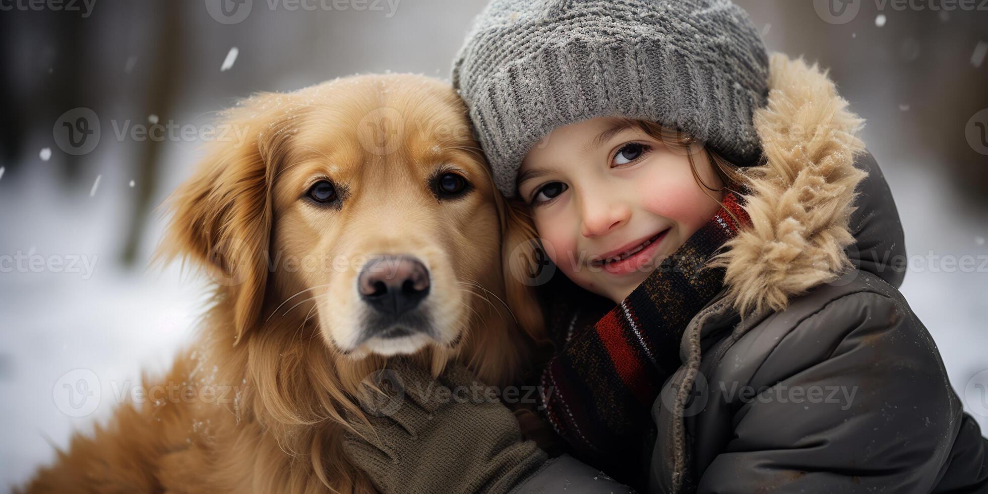 AI generated child with a dog in winter close-up portrait Generative AI photo