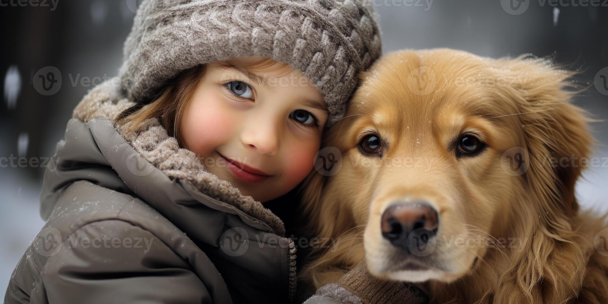 AI generated child with a dog in winter close-up portrait Generative AI photo