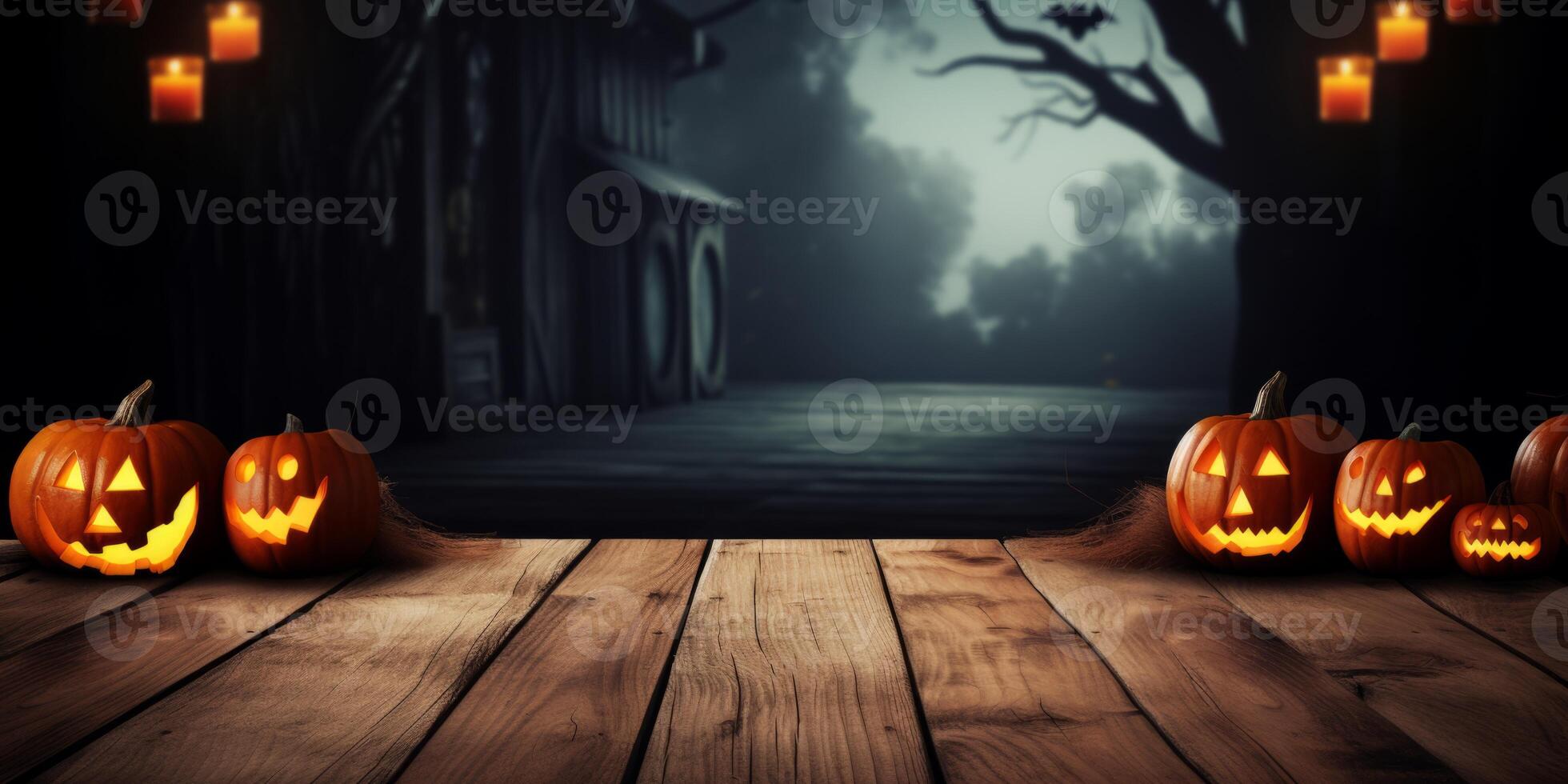 AI generated empty wooden table with pumpkins on Halloween background Generative AI photo