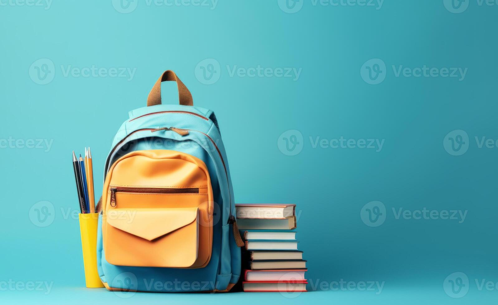 AI generated backpack with school supplies on blue background Generative AI photo