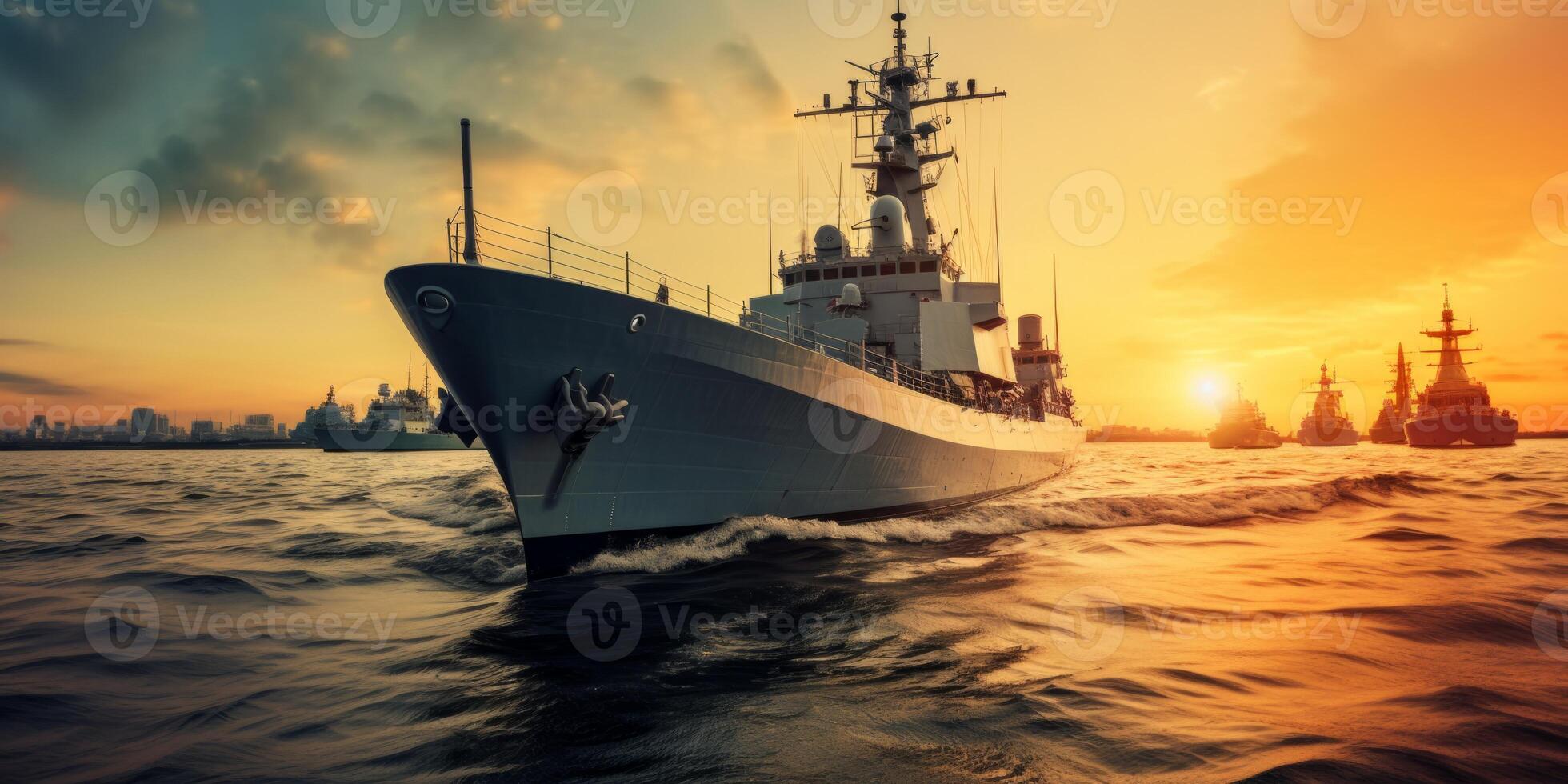 AI generated warship at sunset in the ocean Generative AI photo