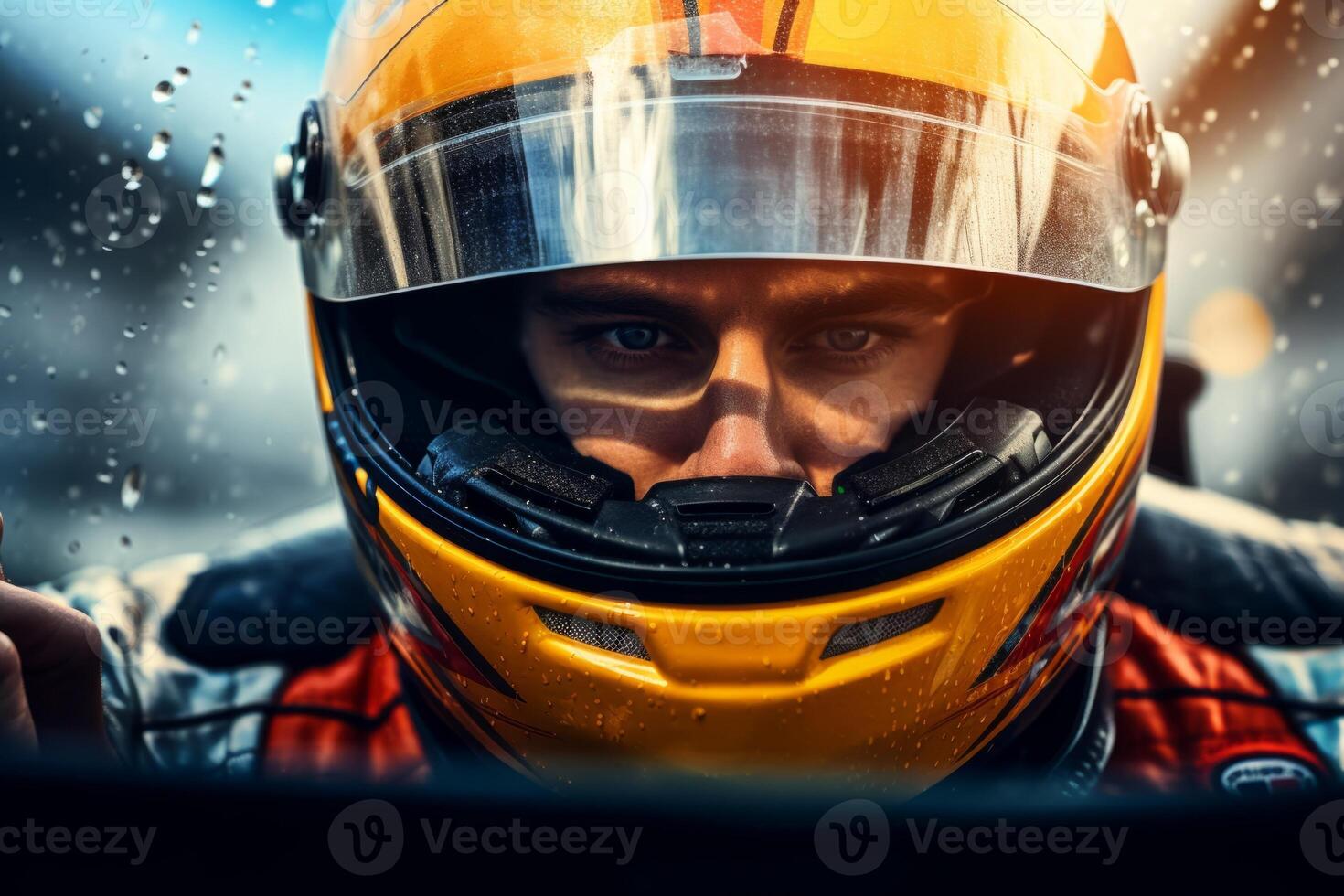 AI generated fast car driver in helmet close-up Generative AI photo