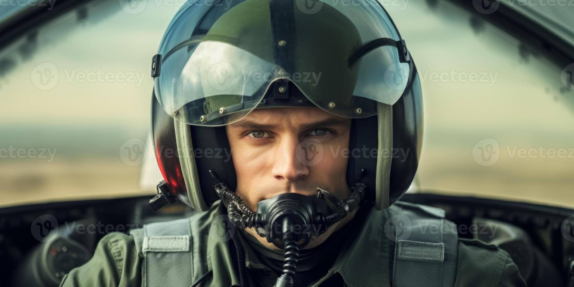 AI generated Military aircraft pilot close-up with helmet Generative AI photo