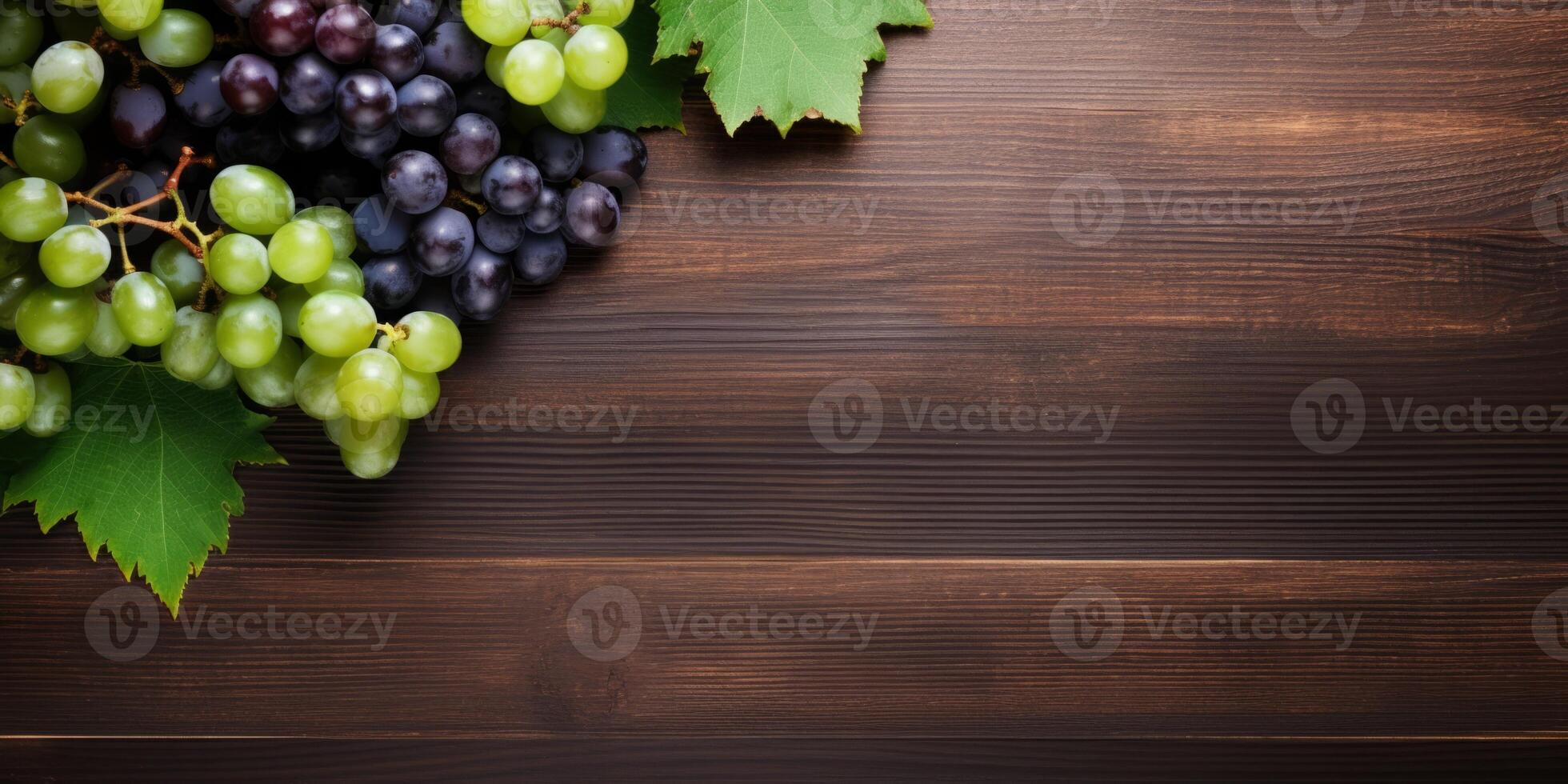 AI generated bunches of grapes on wooden background Generative AI photo