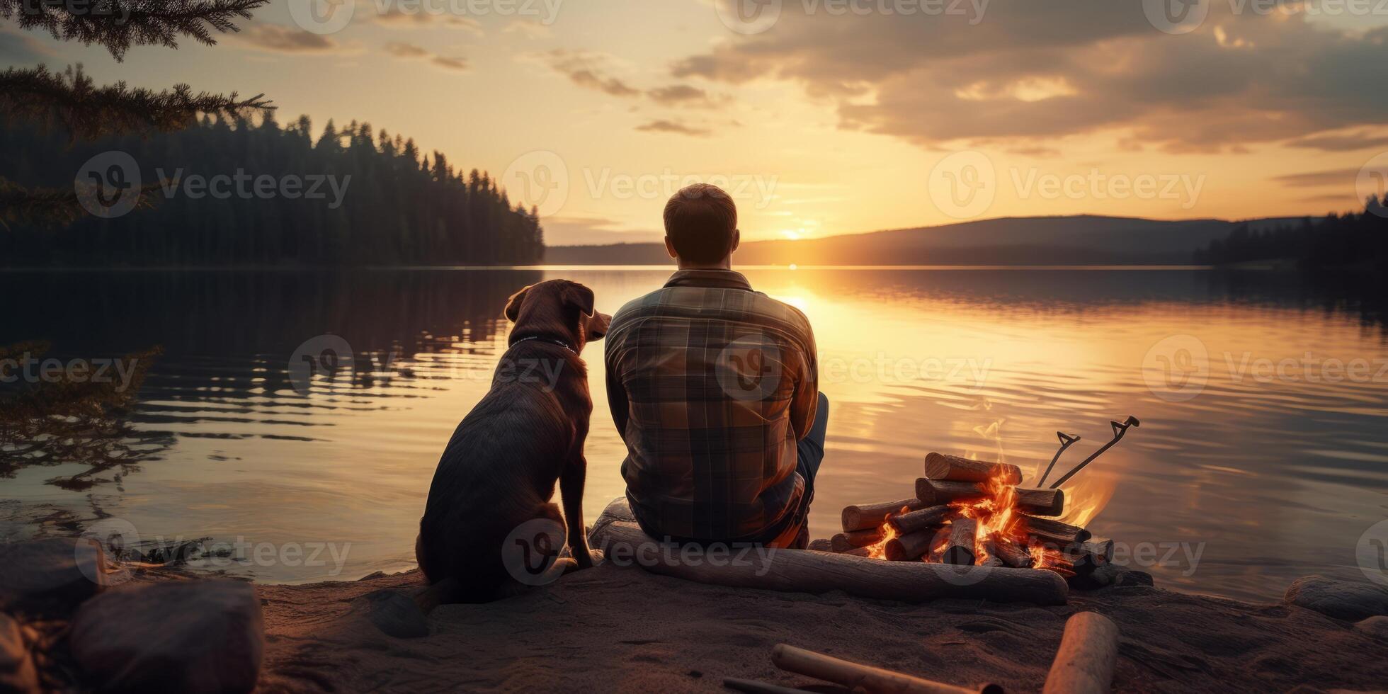 AI generated man with dog on the lake shore Generative AI photo