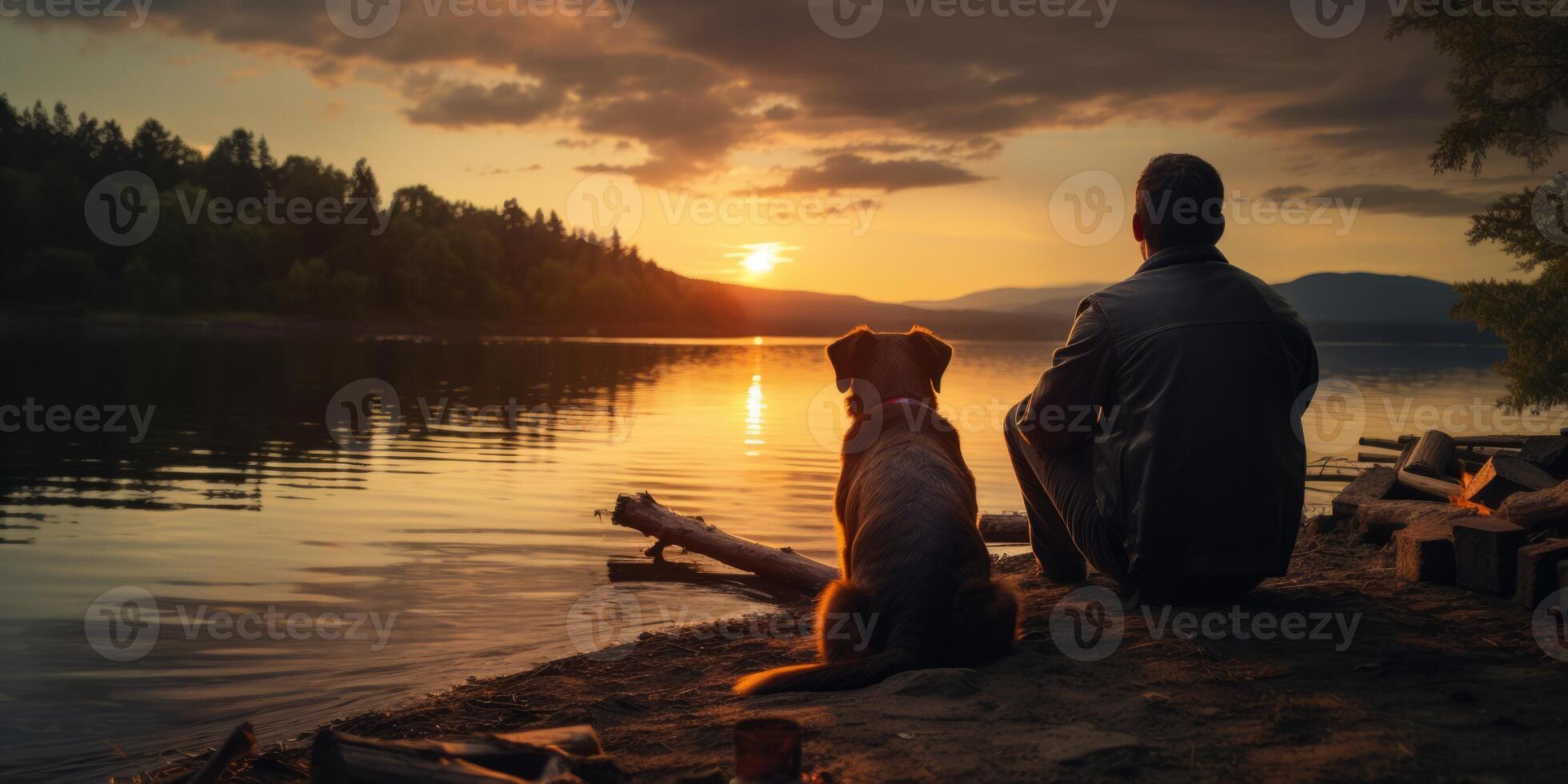 AI generated man with dog on the lake shore Generative AI photo