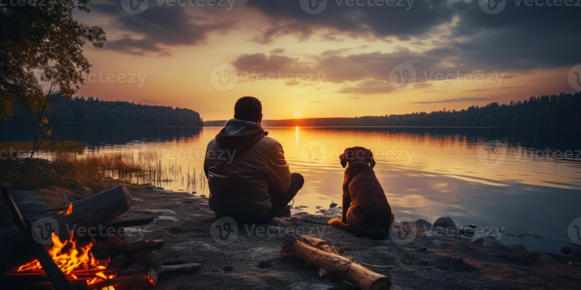 AI generated man with dog on the lake shore Generative AI photo