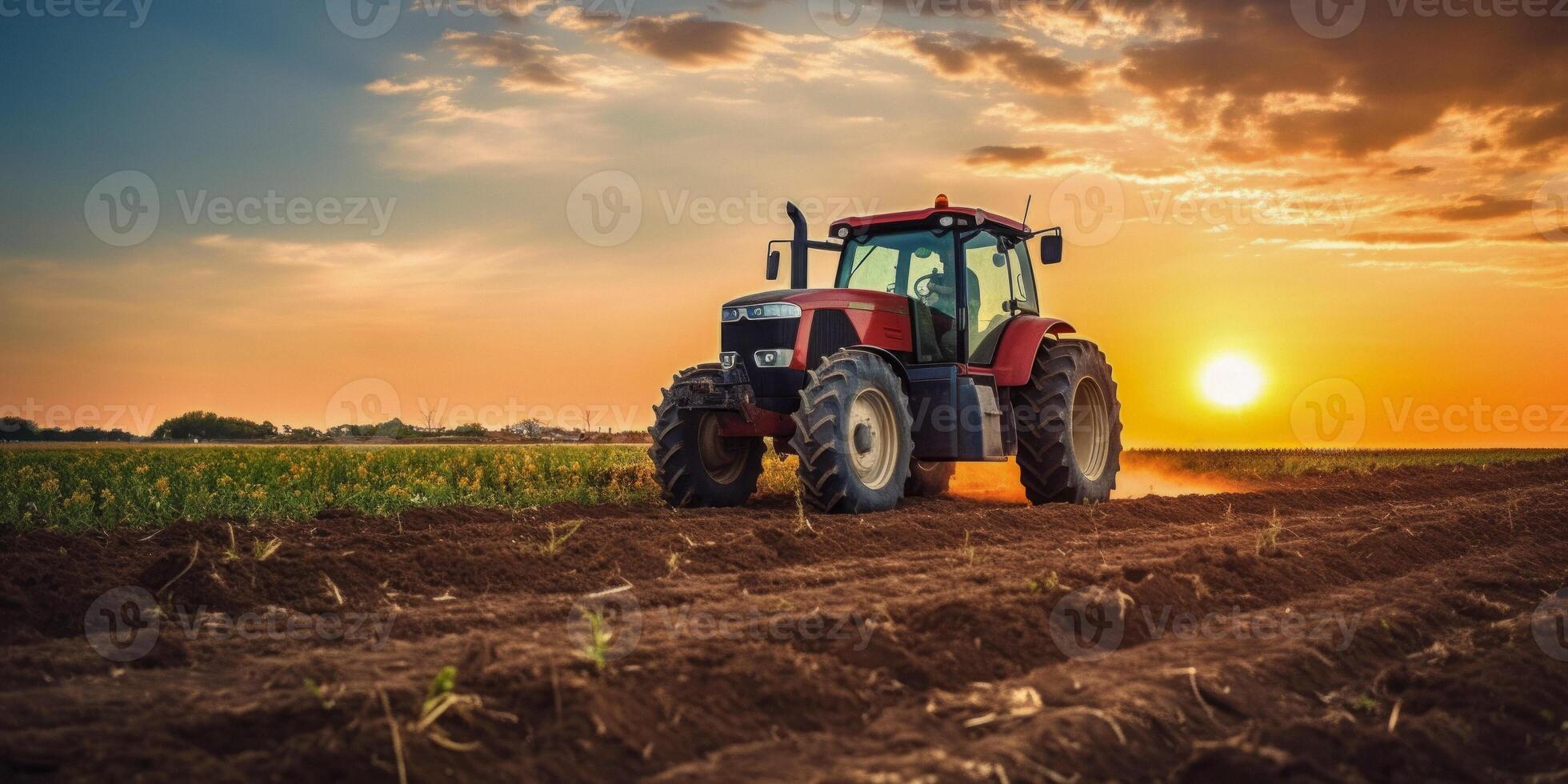 AI generated agricultural tractor cultivates the land in the field Generative AI photo