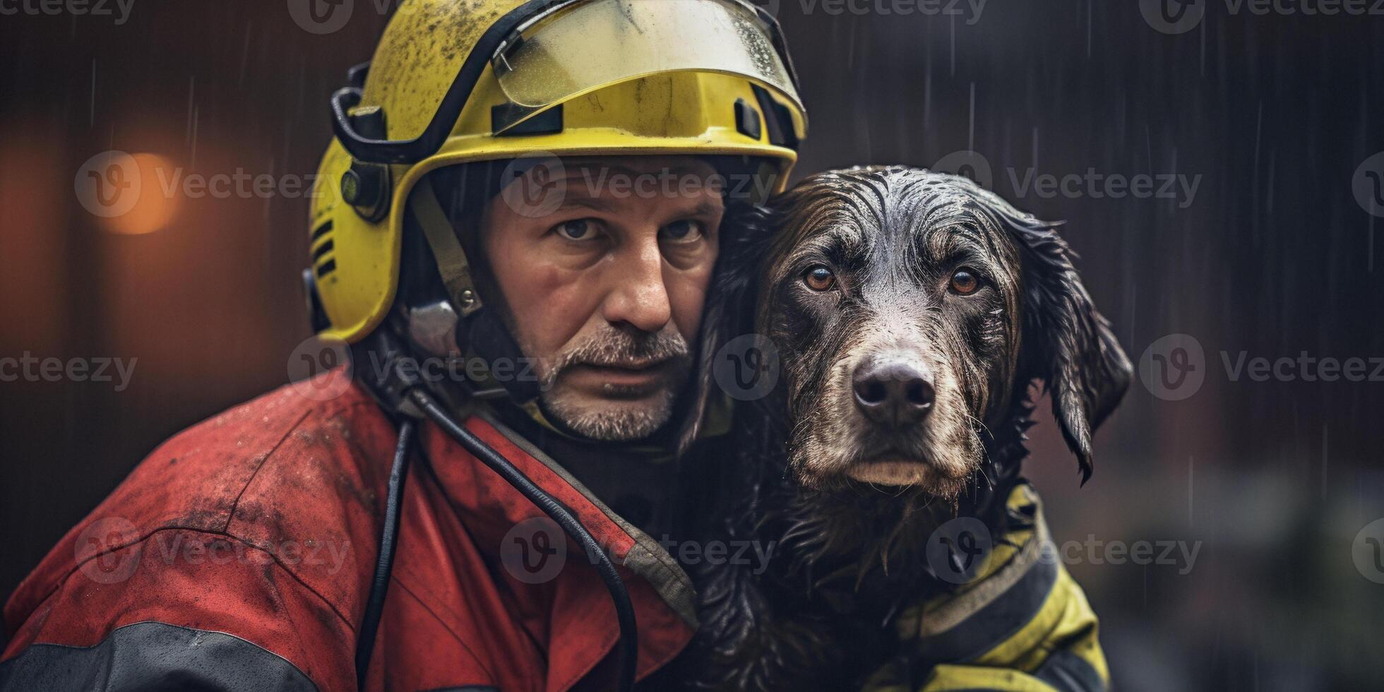 AI generated Firefighter carries dog out of fire Generative AI photo
