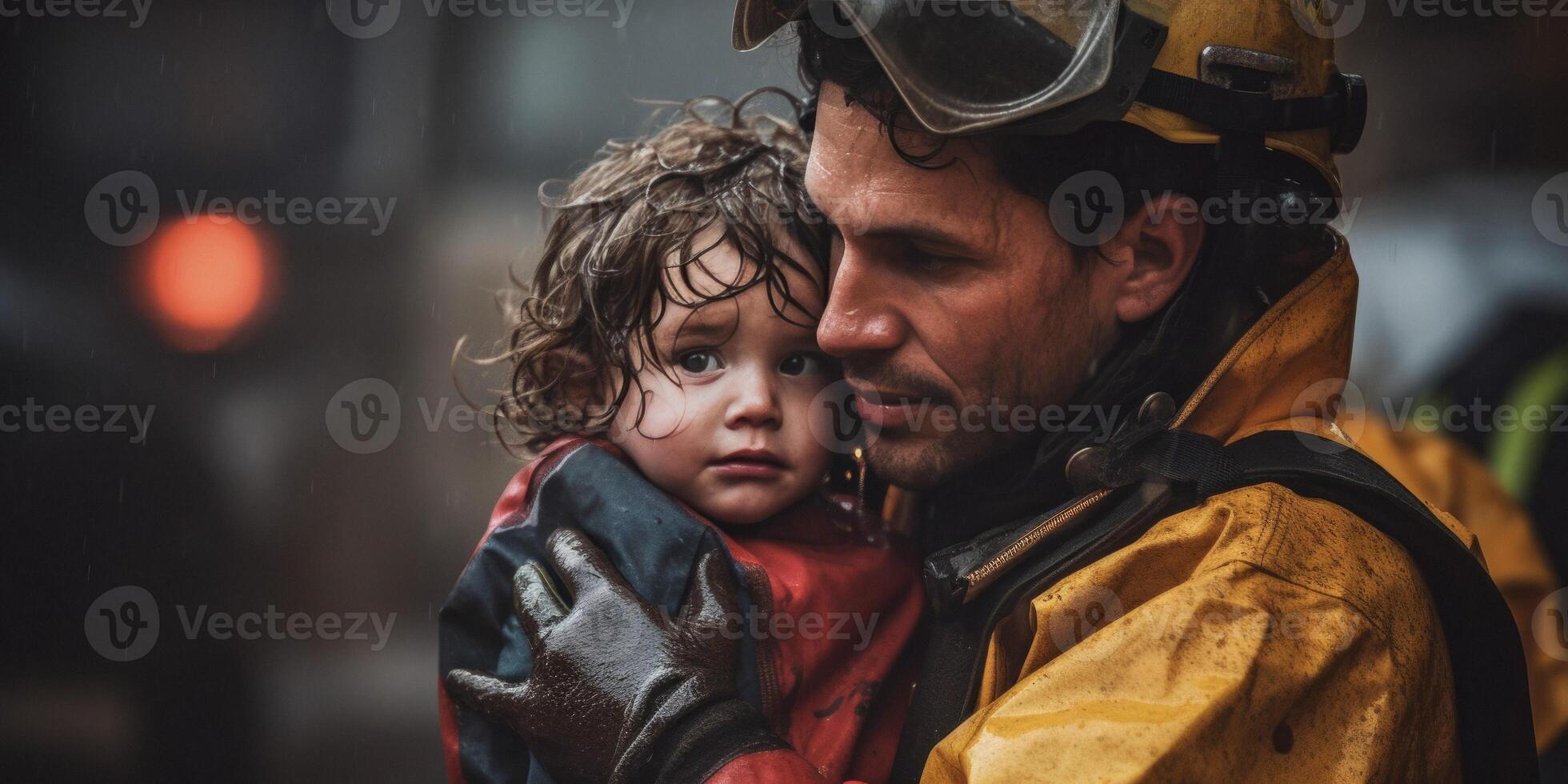 AI generated fireman rescues child from fire Generative AI photo
