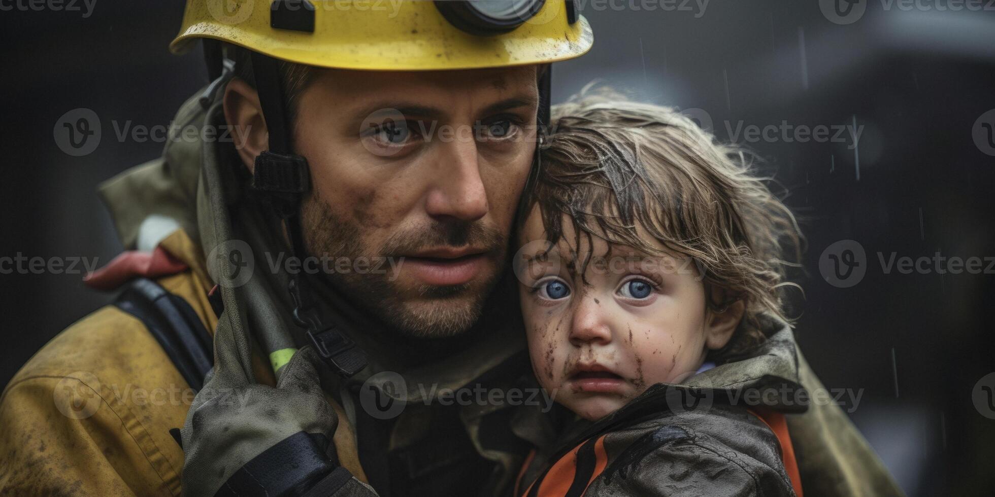 AI generated fireman rescues child from fire Generative AI photo