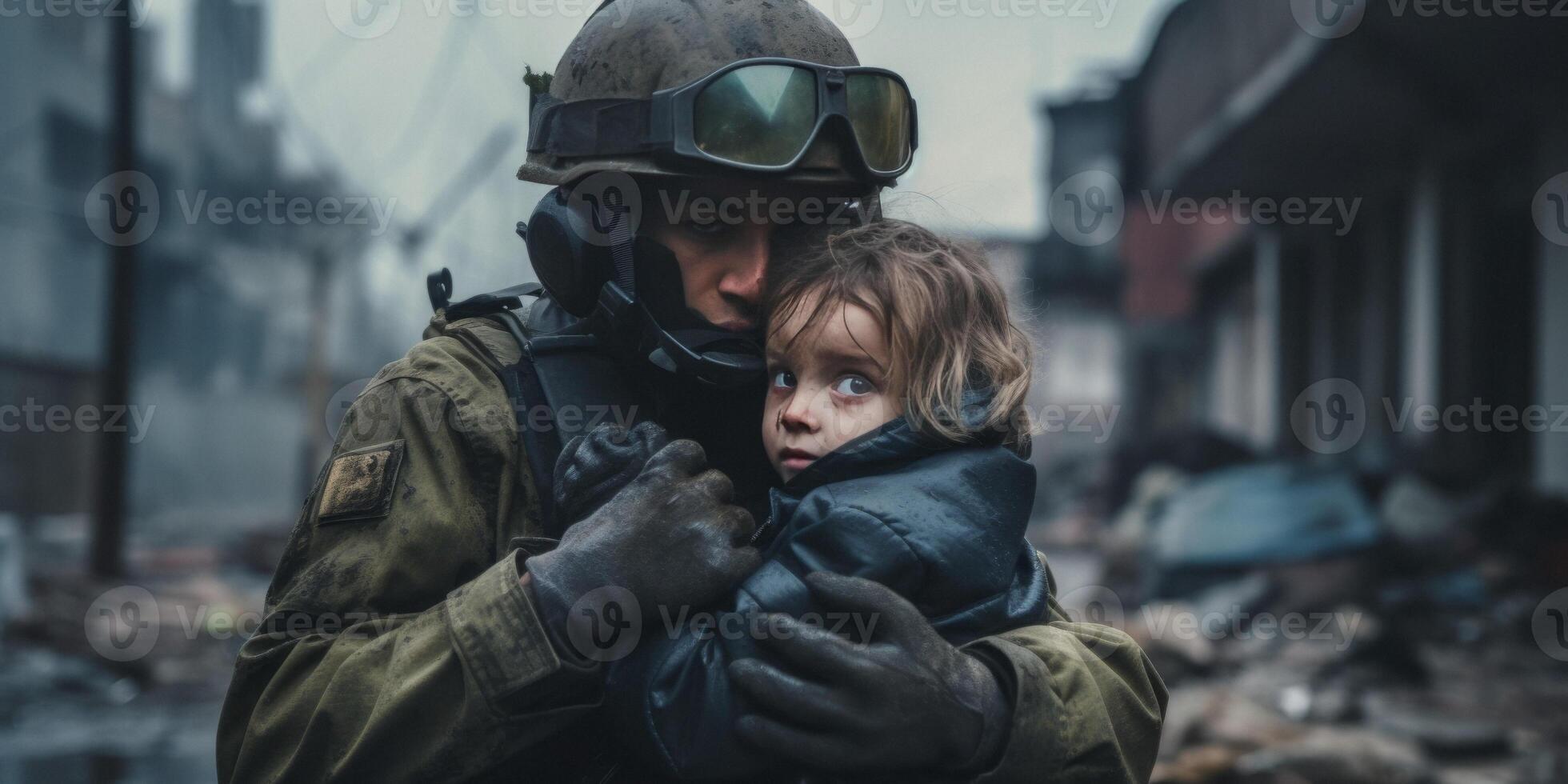 AI generated a soldier saves a child in the war Generative AI photo