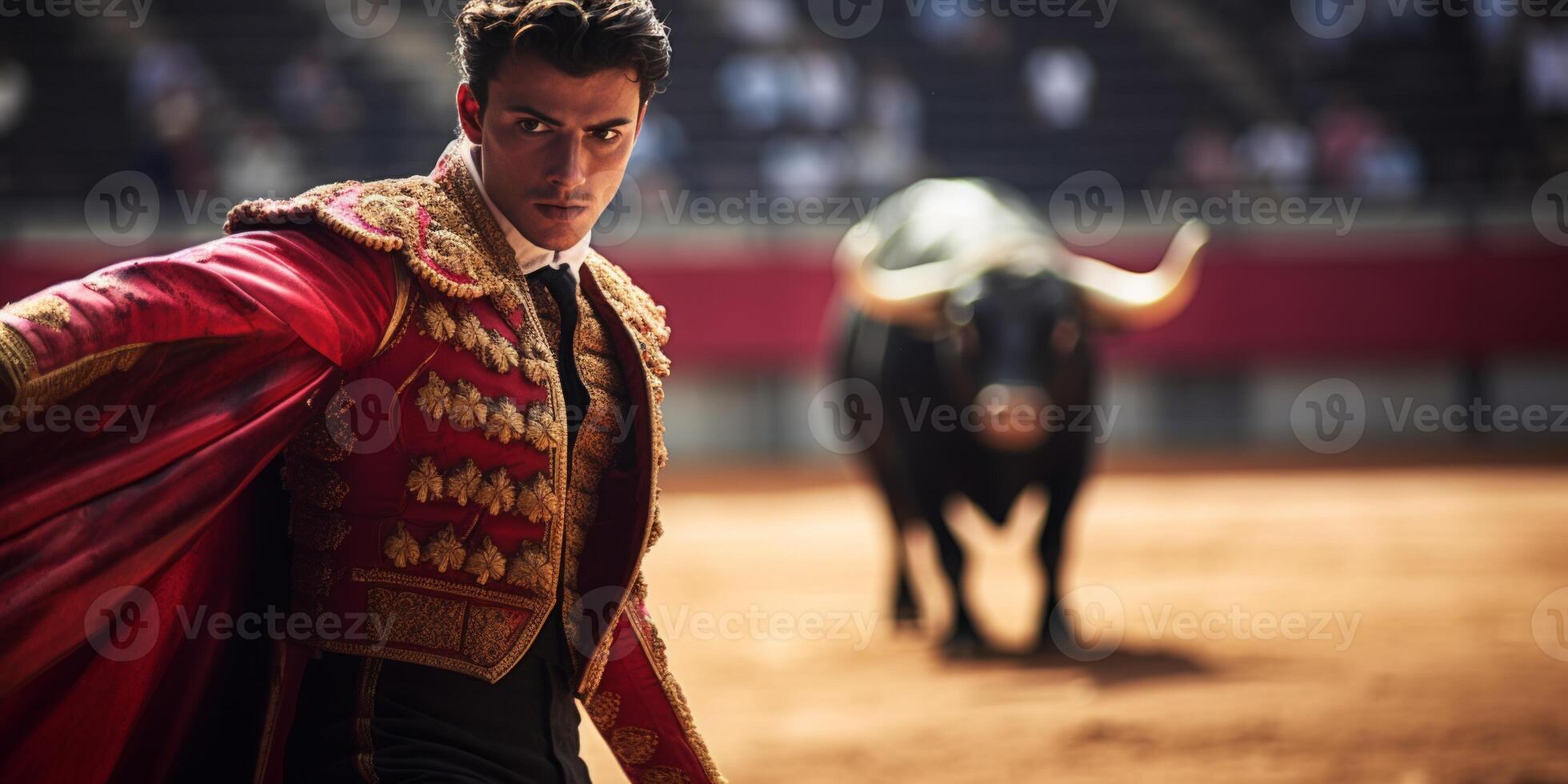 AI generated bullfighter with a bull in the Matador arena Generative AI photo