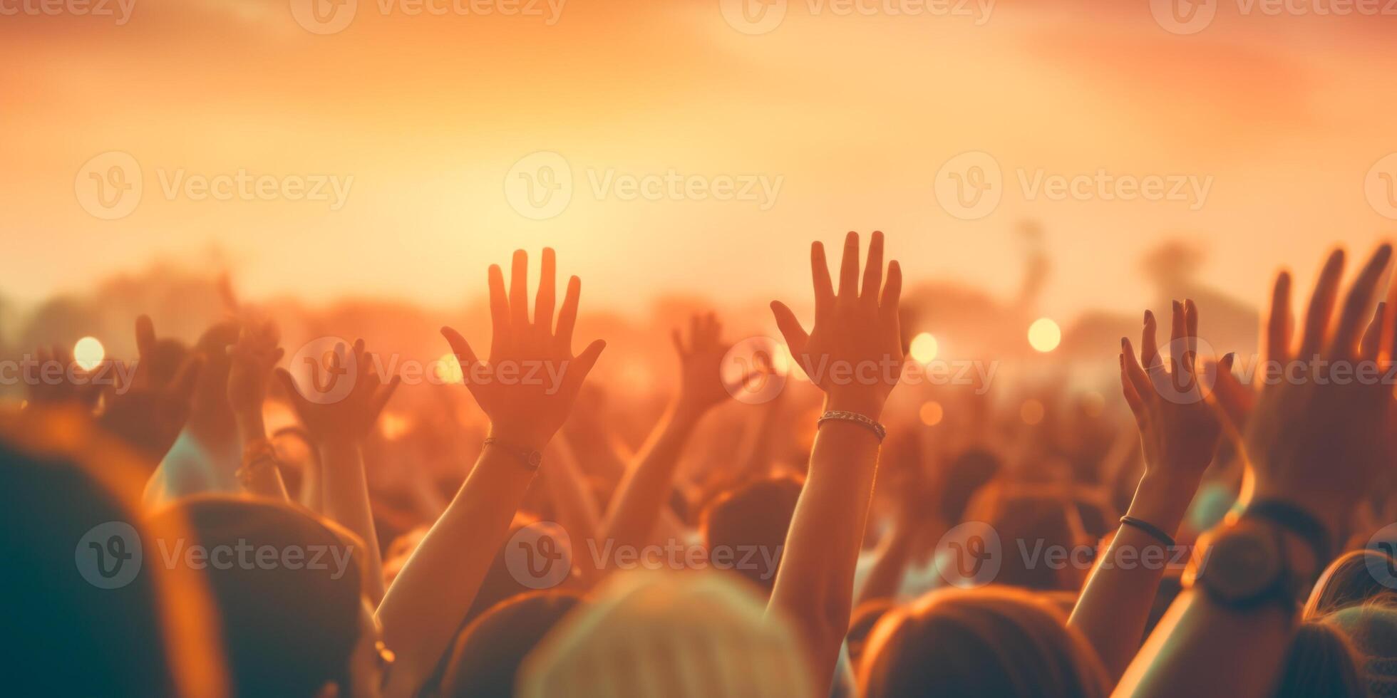 AI generated Cheering crowd with raised hands at music festival Generative AI photo