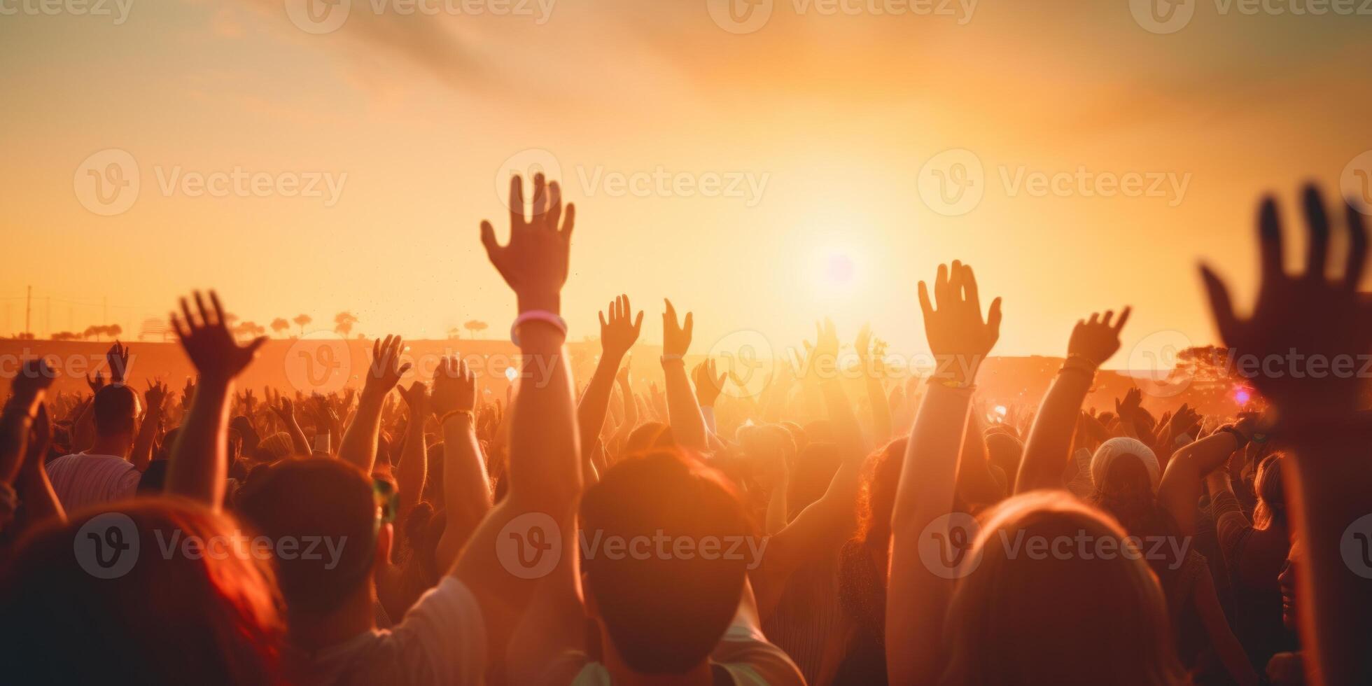 AI generated Cheering crowd with raised hands at music festival Generative AI photo
