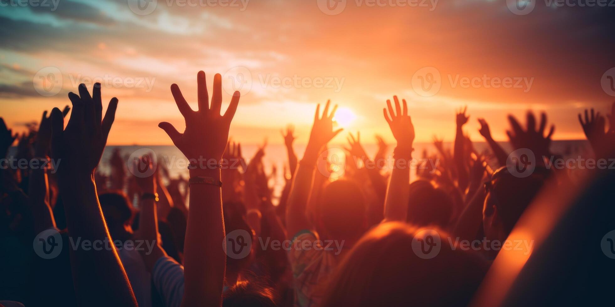 AI generated Cheering crowd with raised hands at music festival Generative AI photo