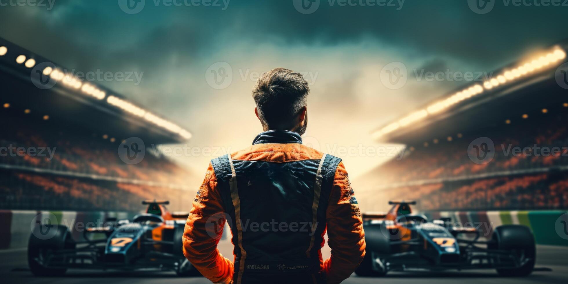 AI generated race car driver with cars in the background Generative AI photo