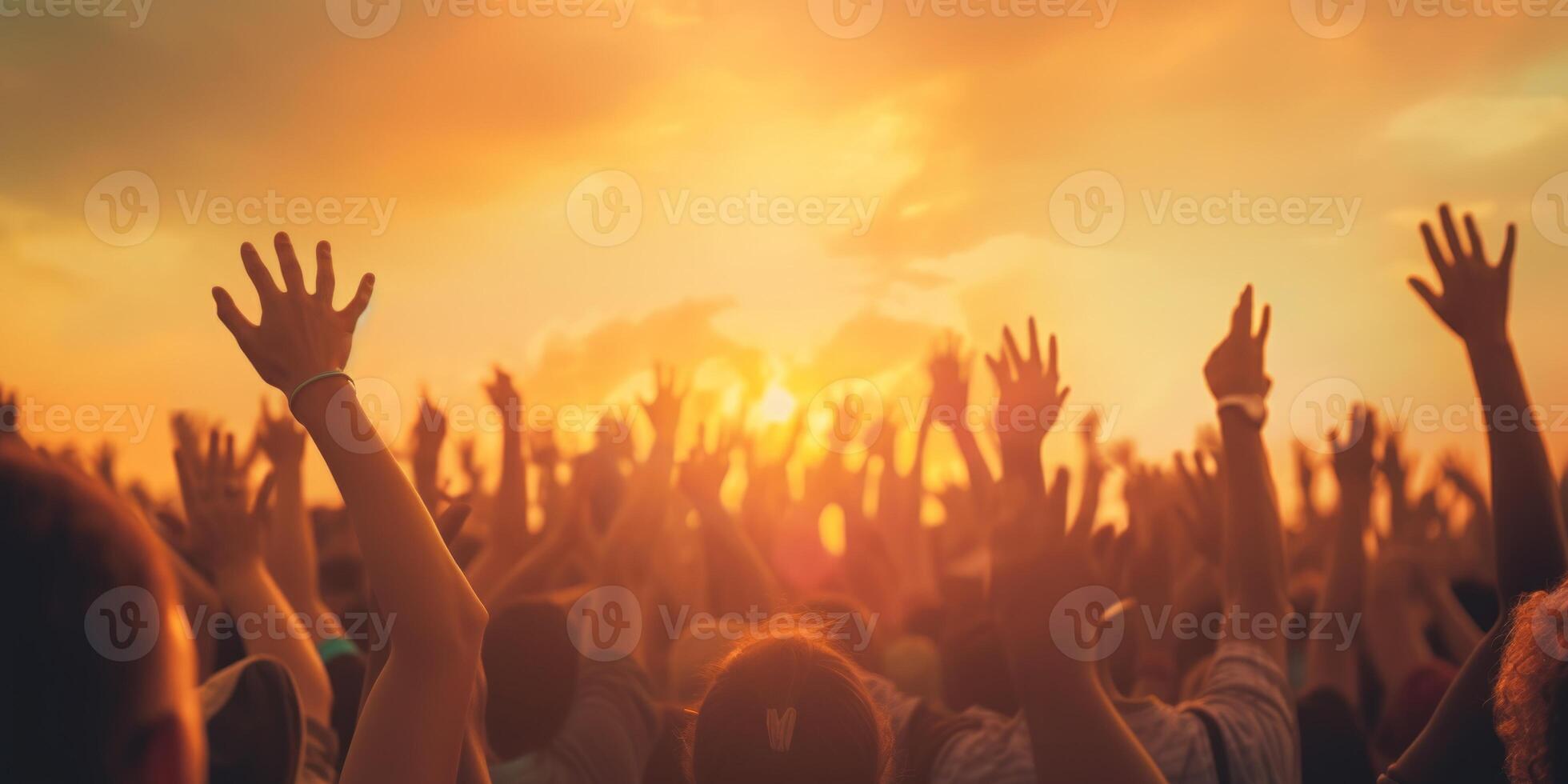AI generated Cheering crowd with raised hands at music festival Generative AI photo