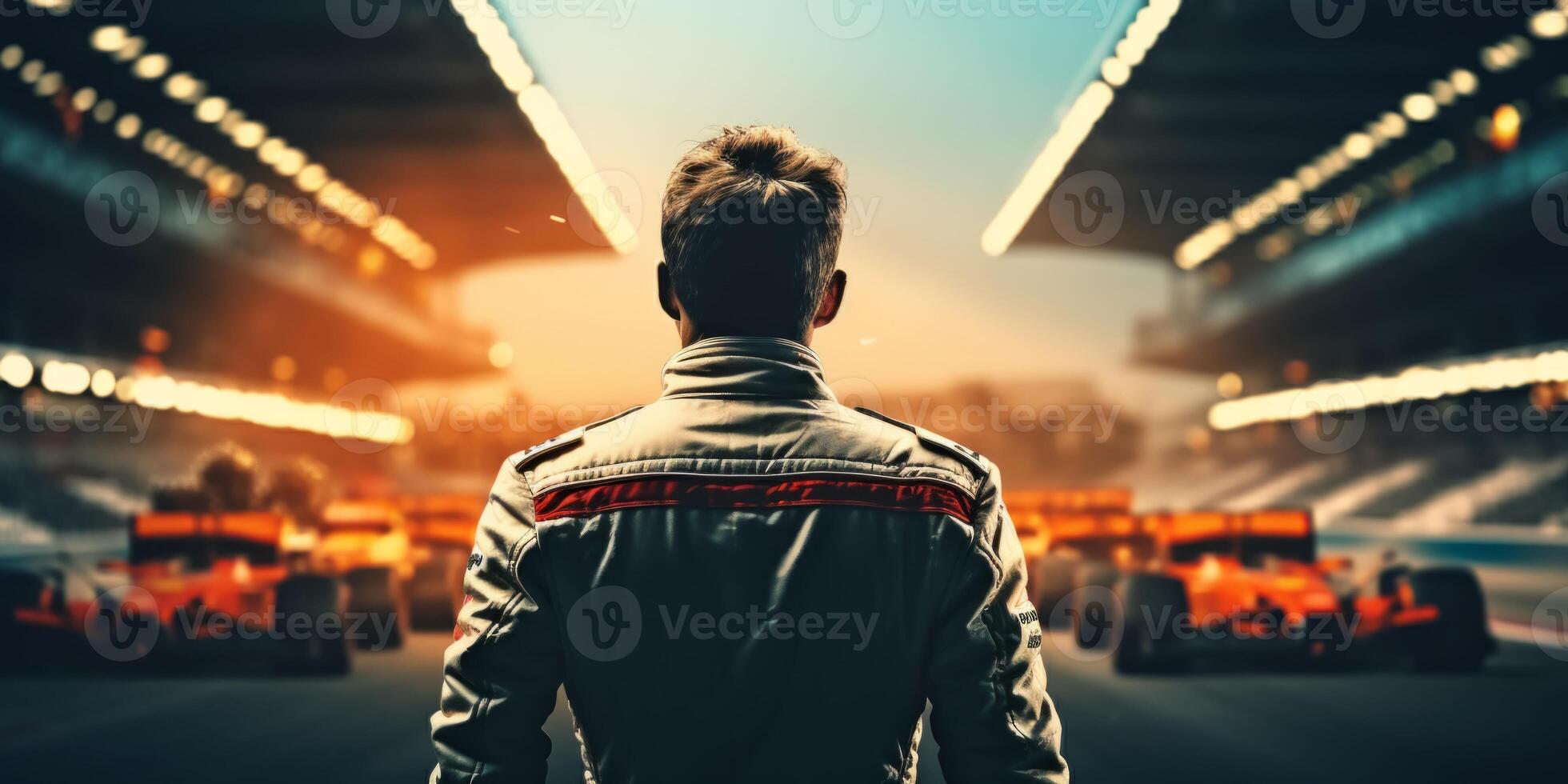 AI generated race car driver with cars in the background Generative AI photo