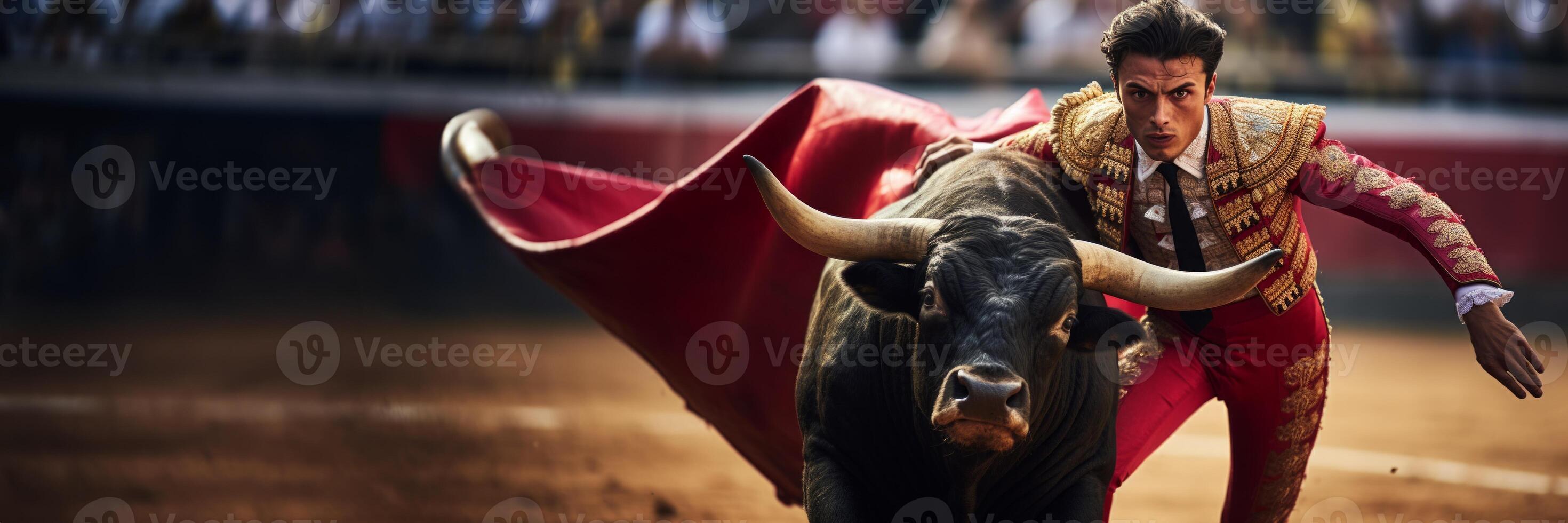 AI generated bullfighter with a bull in the Matador arena Generative AI photo