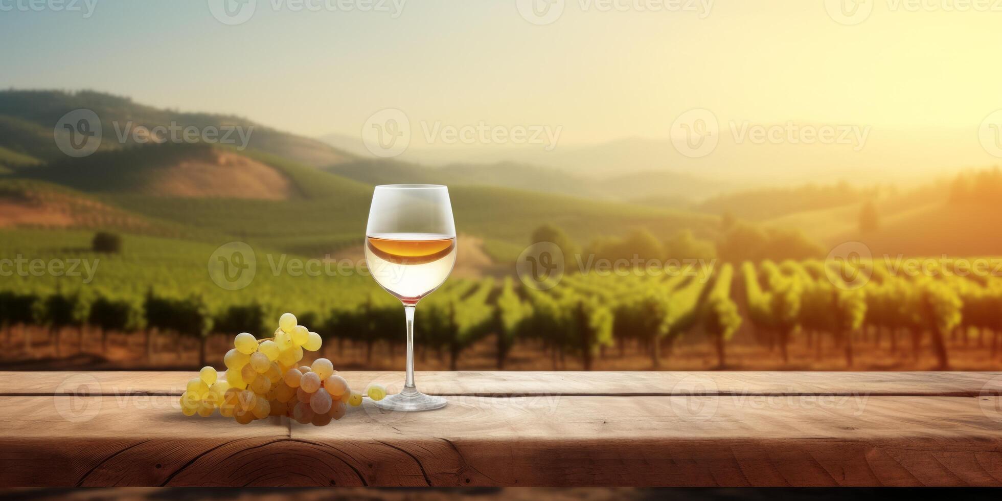 AI generated Empty wooden table top with glass of wine and grapes on vineyards background Generative AI photo