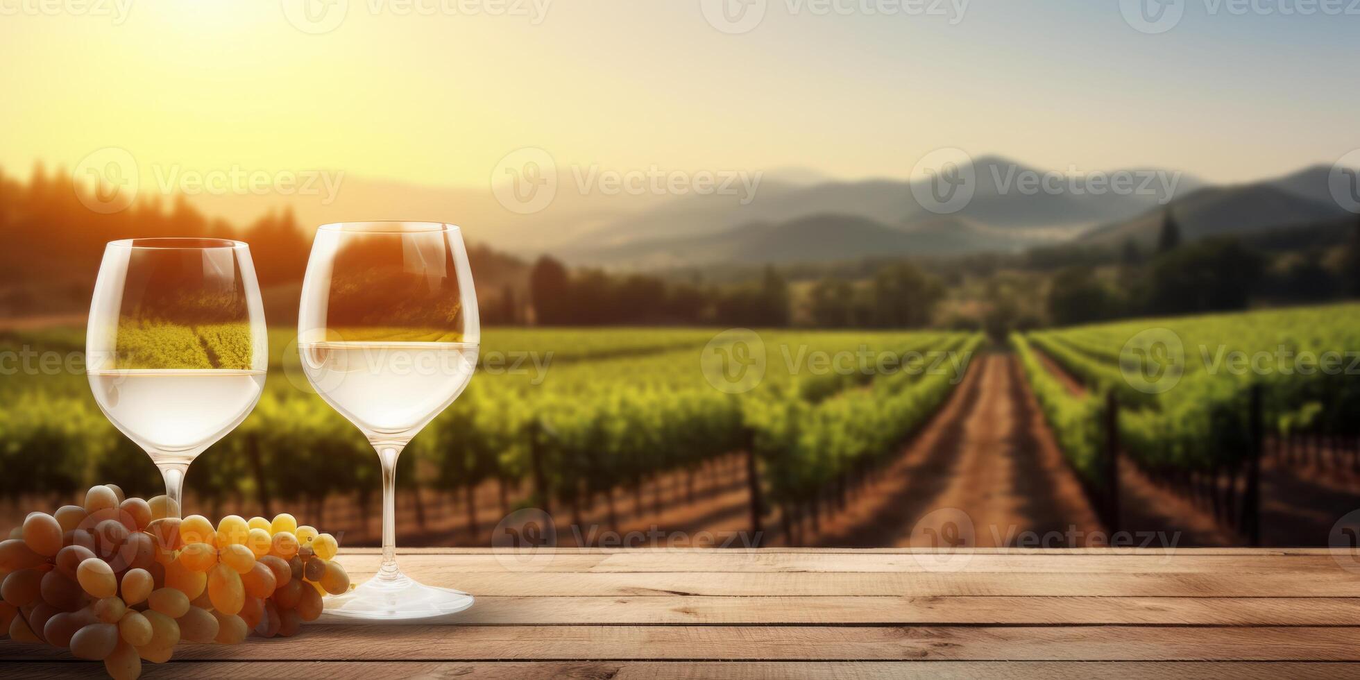 AI generated Empty wooden table top with glass of wine and grapes on vineyards background Generative AI photo