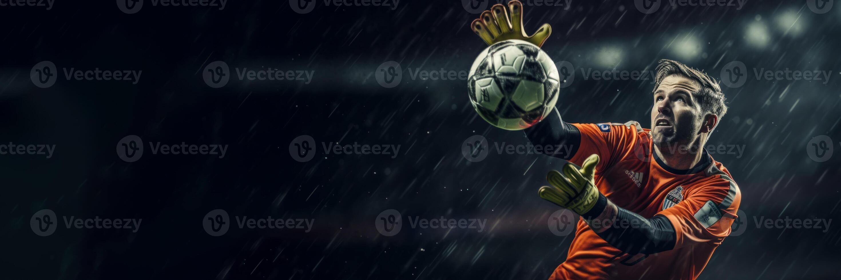 AI generated soccer goalkeeper catches the ball Generative AI photo