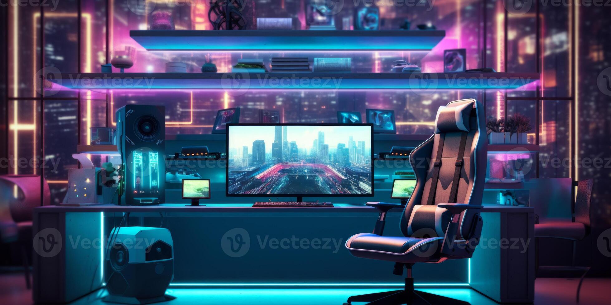 AI generated Game room with computer for cybergamers Generative AI photo