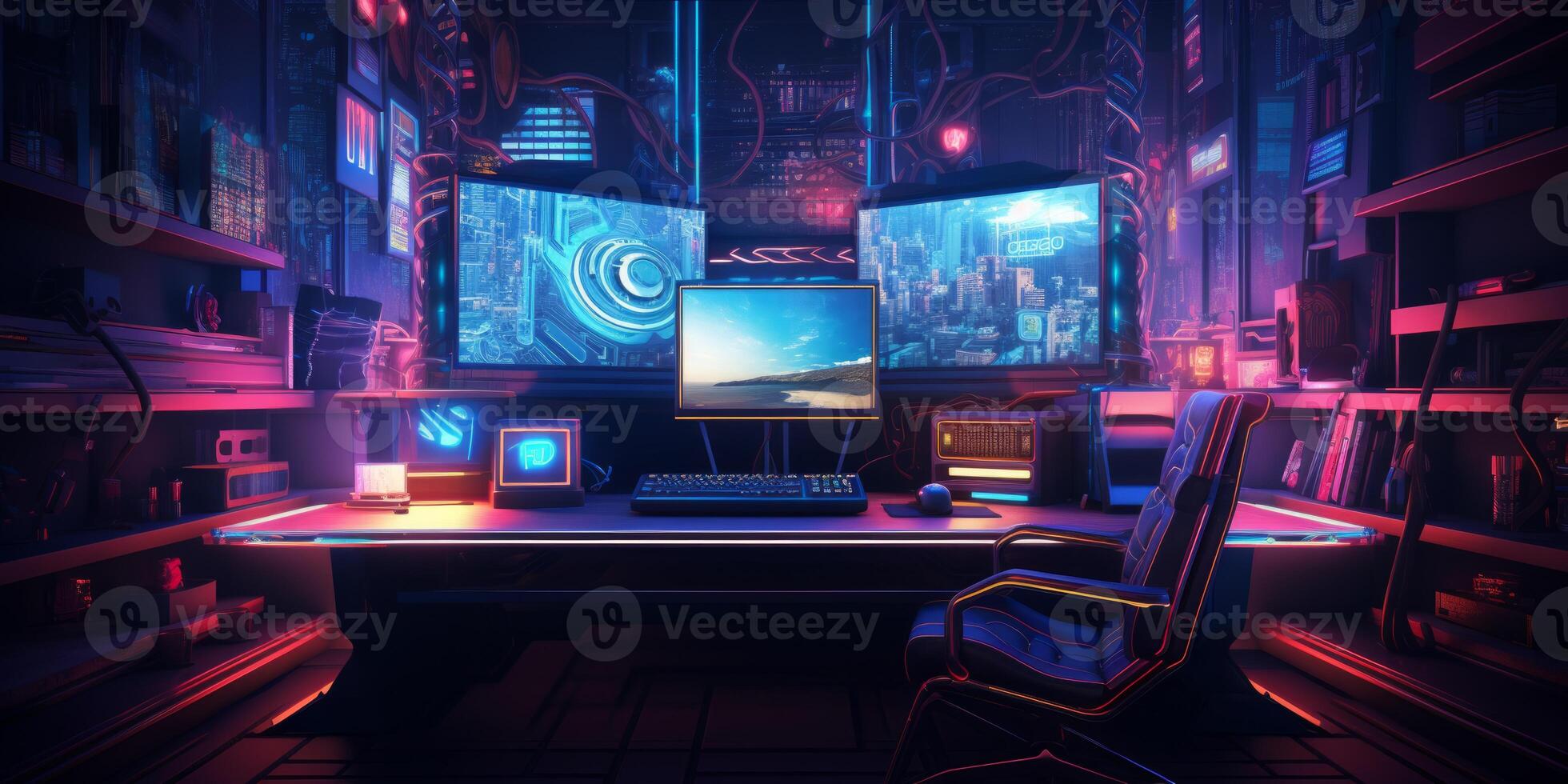 AI generated Game room with computer for cybergamers Generative AI photo