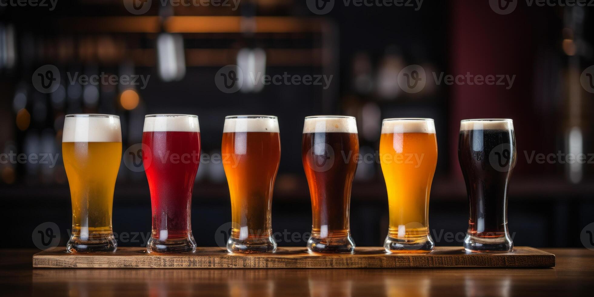 AI generated glasses with different types of beer on the bar counter Generative AI photo