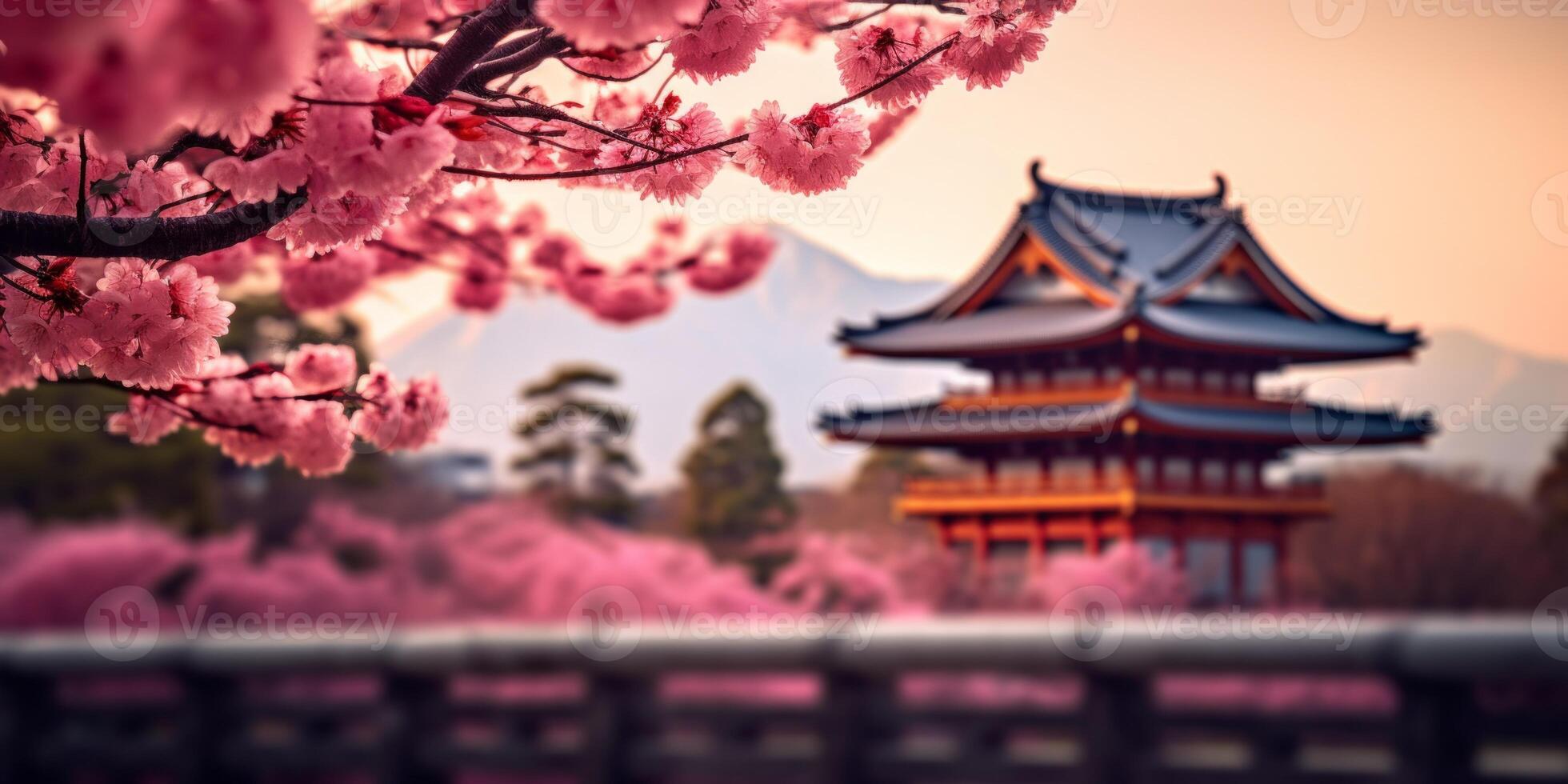 AI generated cherry blossoms against the background of a Japanese temple Generative AI photo