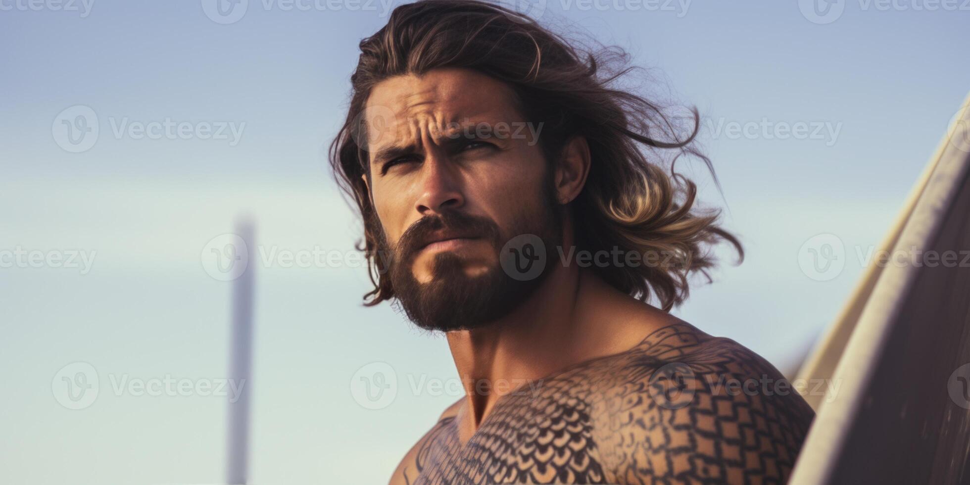 AI generated tattooed man surfer on the beach Generative AI photo