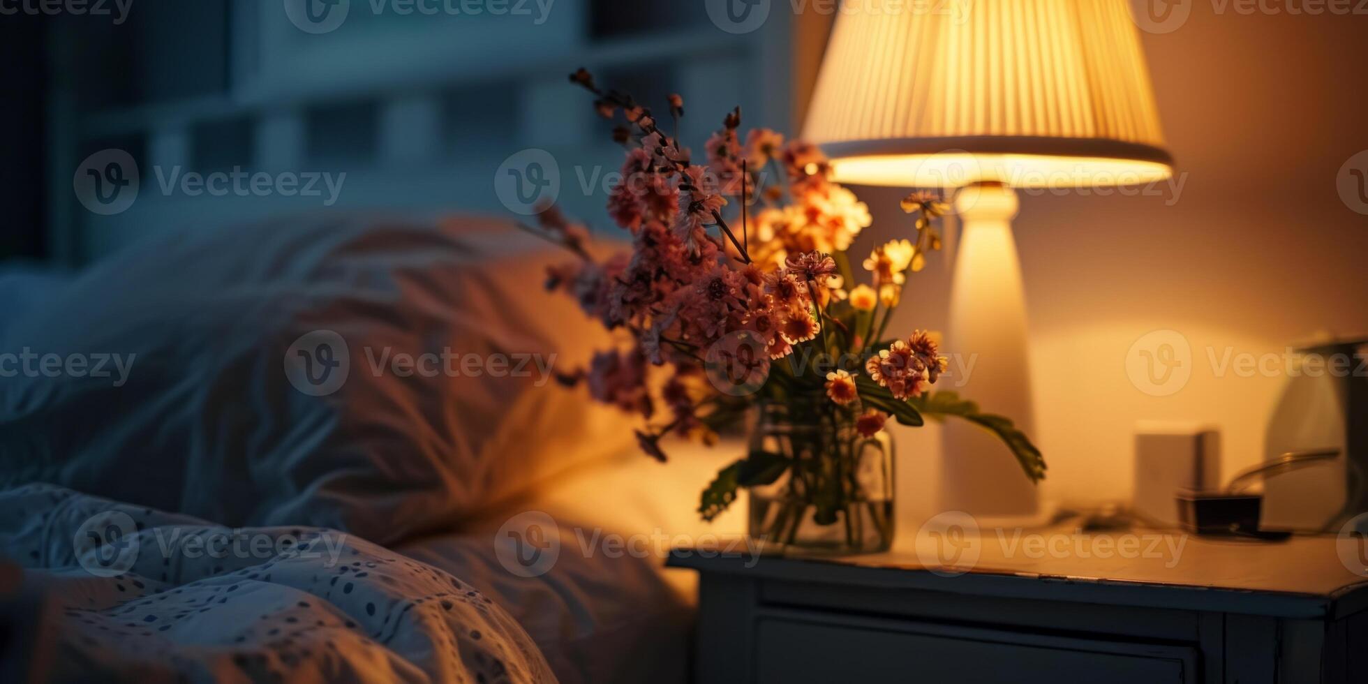AI generated lamp and vase with flowers on the bedside table next to the bed Generative AI photo