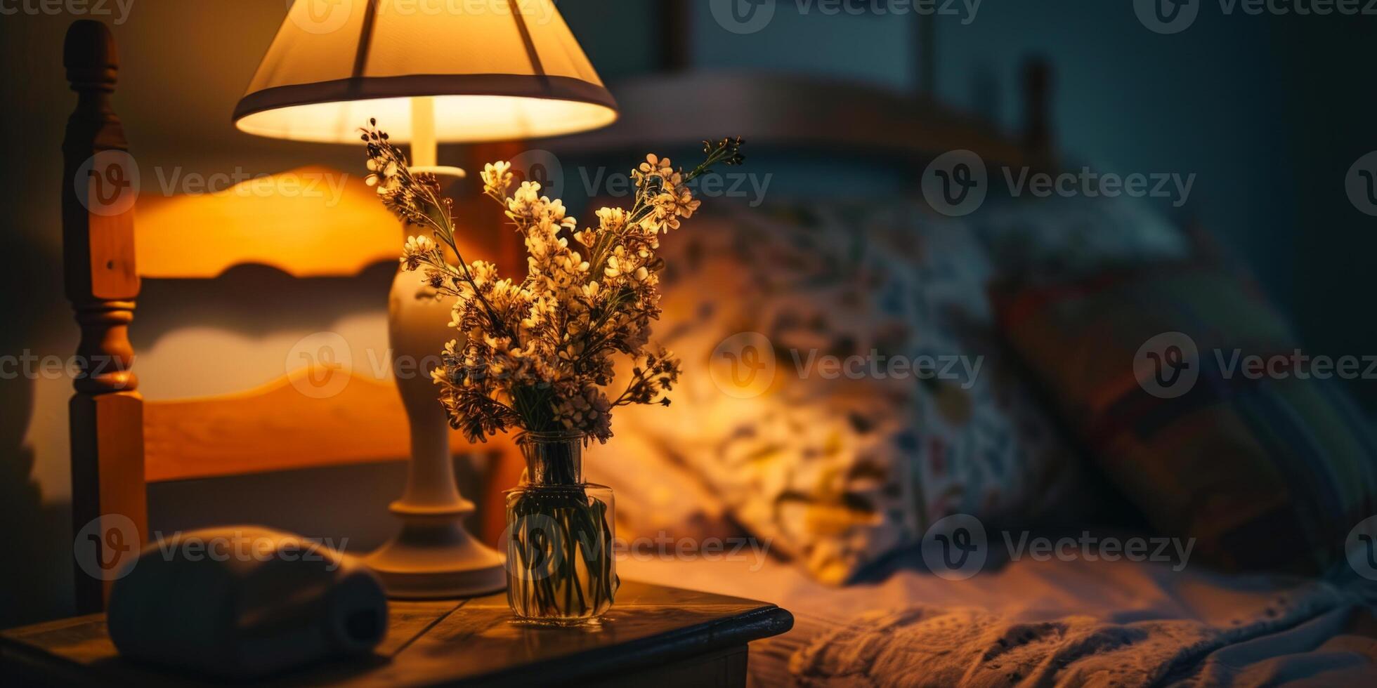 AI generated lamp and vase with flowers on the bedside table next to the bed Generative AI photo