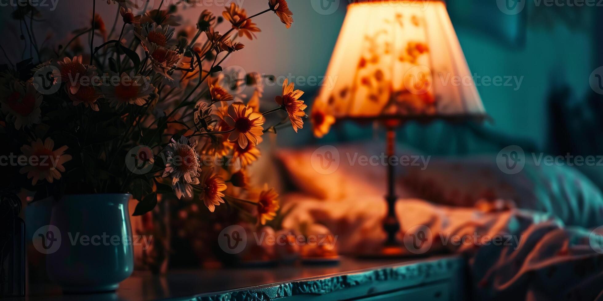 AI generated lamp and vase with flowers on the bedside table next to the bed Generative AI photo