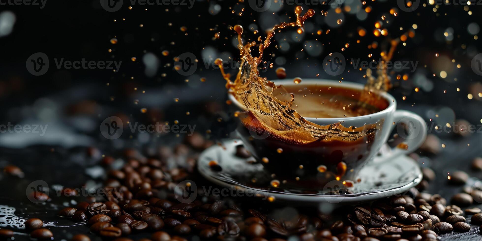 AI generated cup of coffee coffee beans splashes Generative AI photo