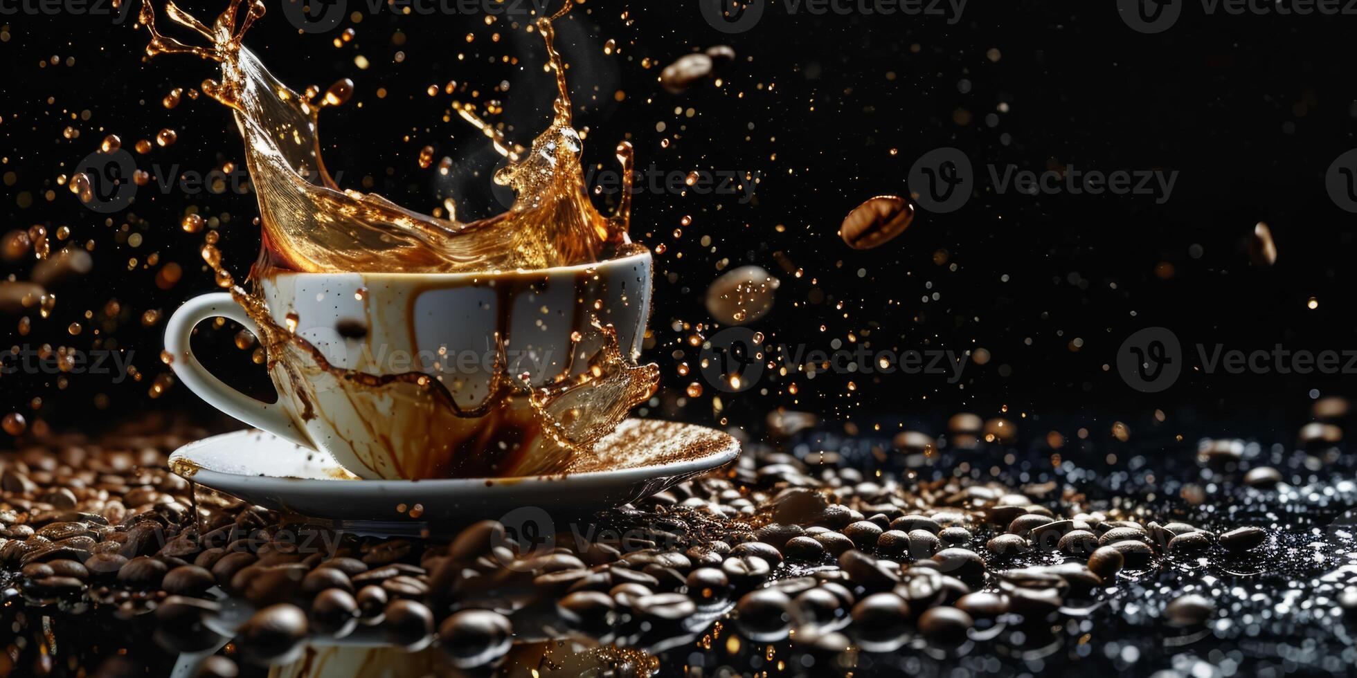 AI generated cup of coffee coffee beans splashes Generative AI photo