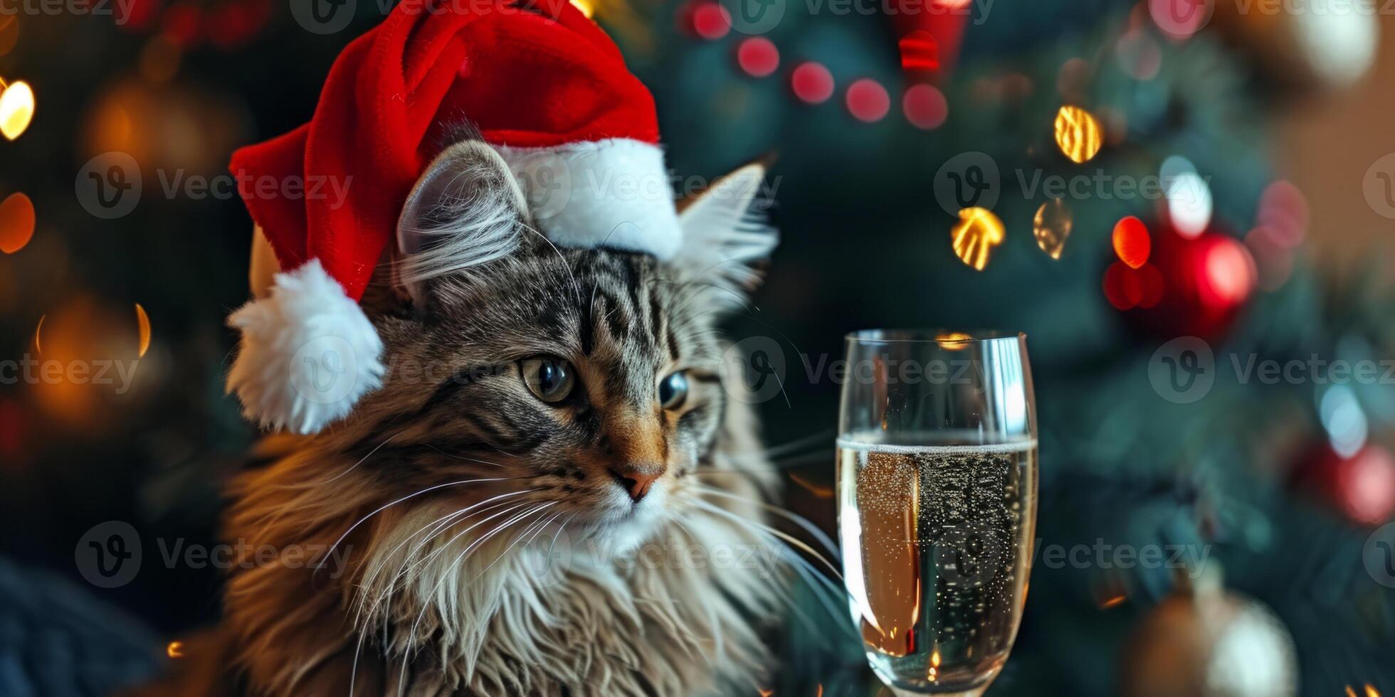 AI generated cat in a Santa Claus hat and a glass of champagne Christmas Generative AI photo