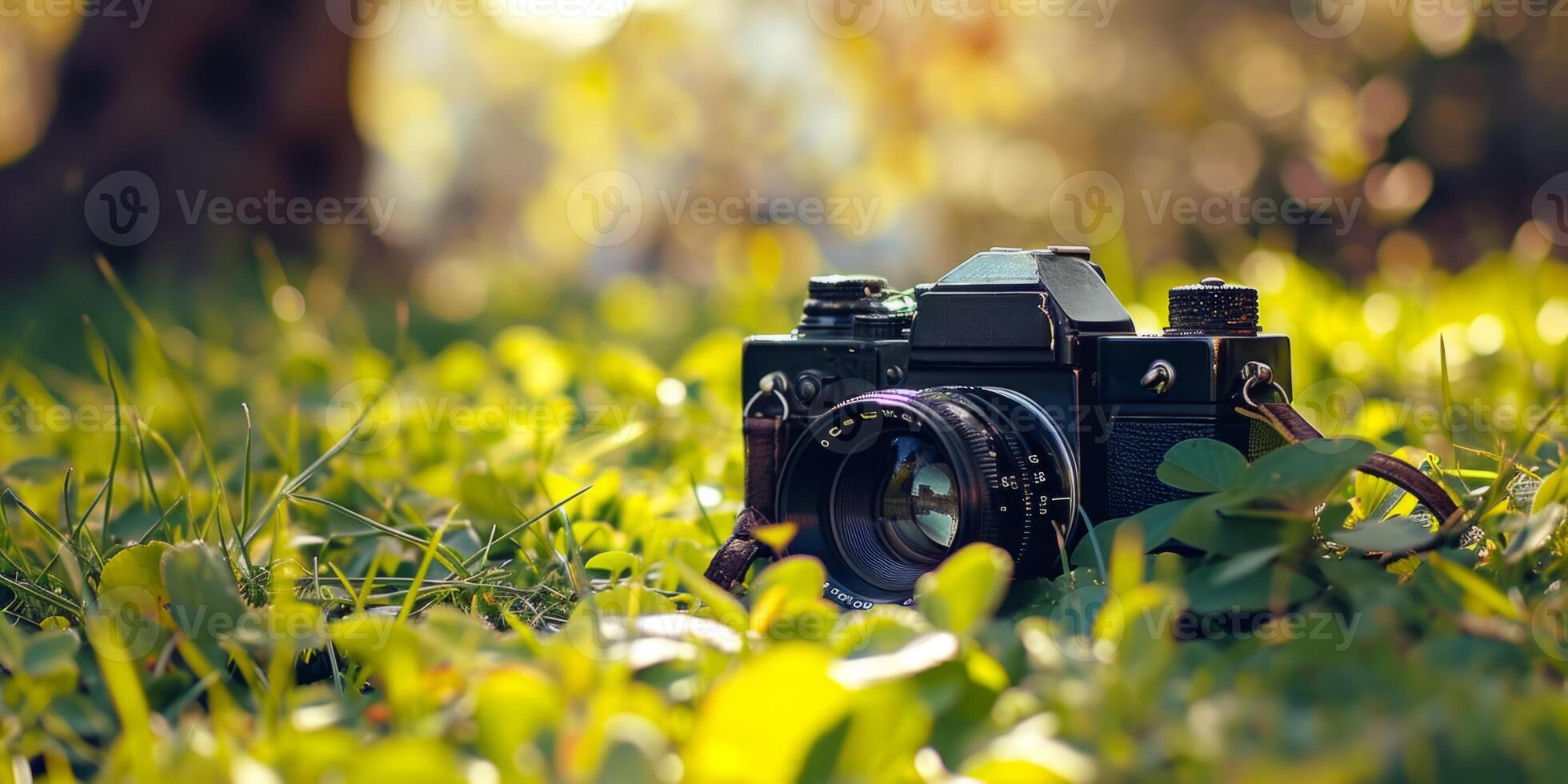 AI generated Retro camera in green grass Generative AI photo