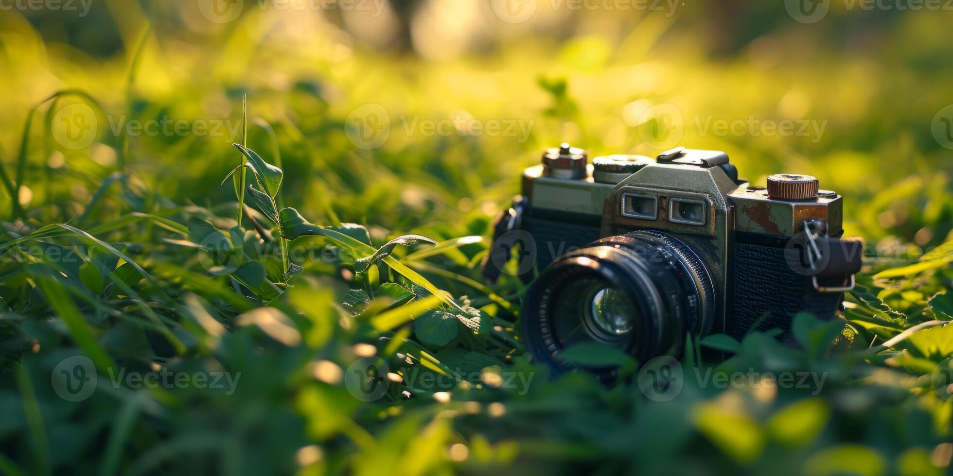 AI generated Retro camera in green grass Generative AI photo