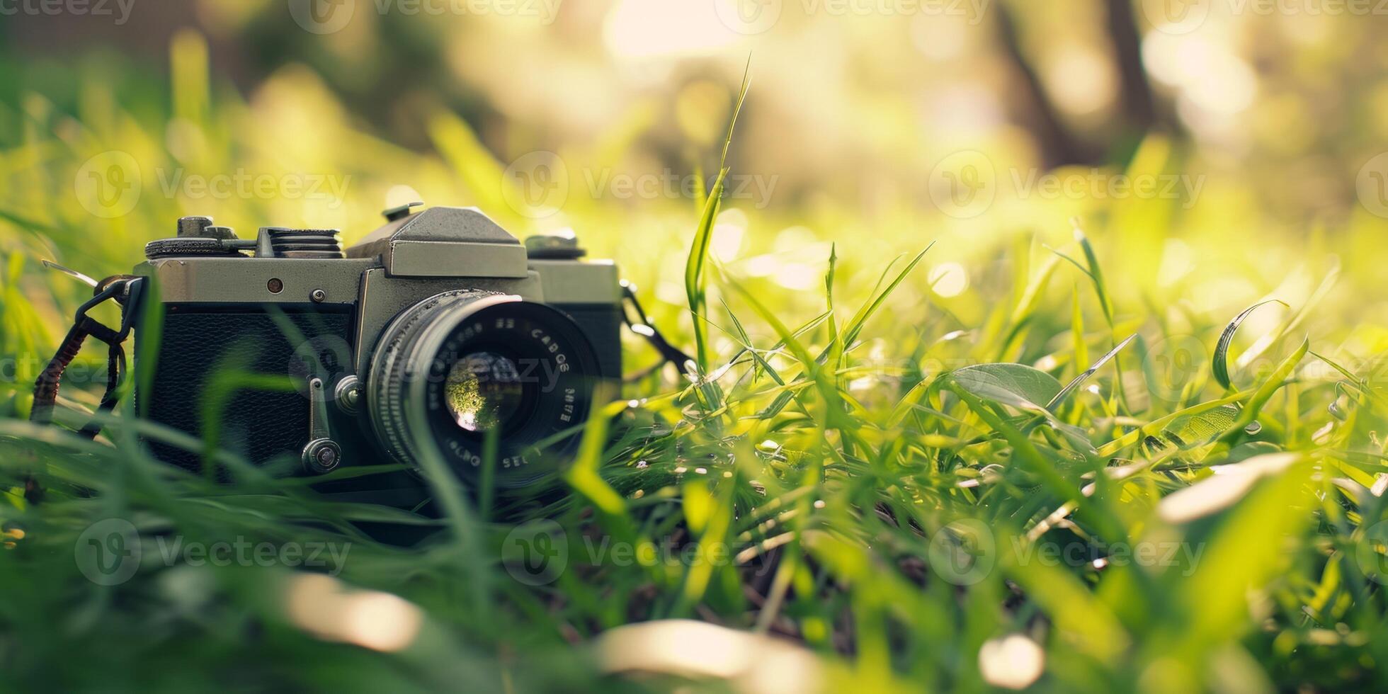 AI generated Retro camera in green grass Generative AI photo