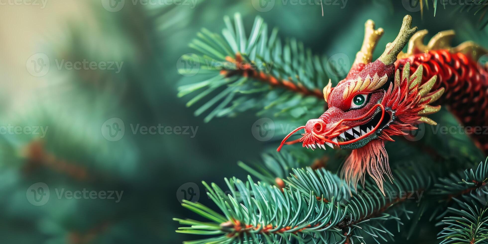 AI generated dragon against the background of the Christmas tree Generative AI photo