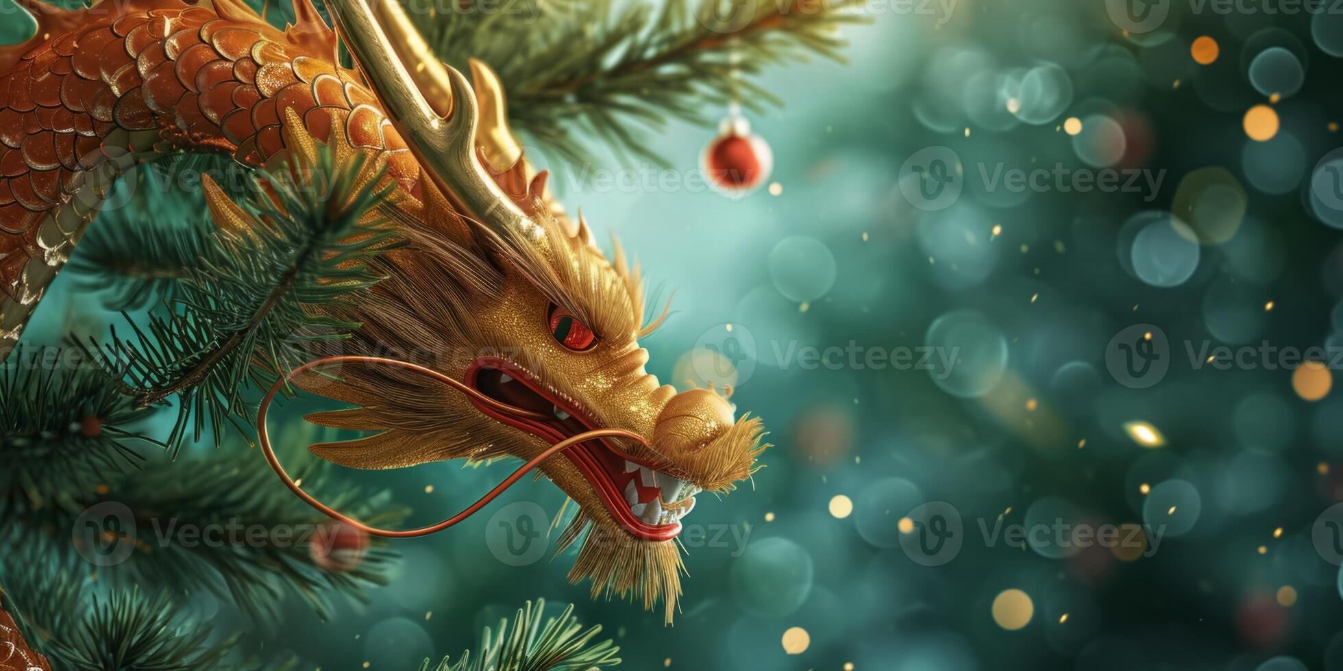 AI generated dragon against the background of the Christmas tree Generative AI photo
