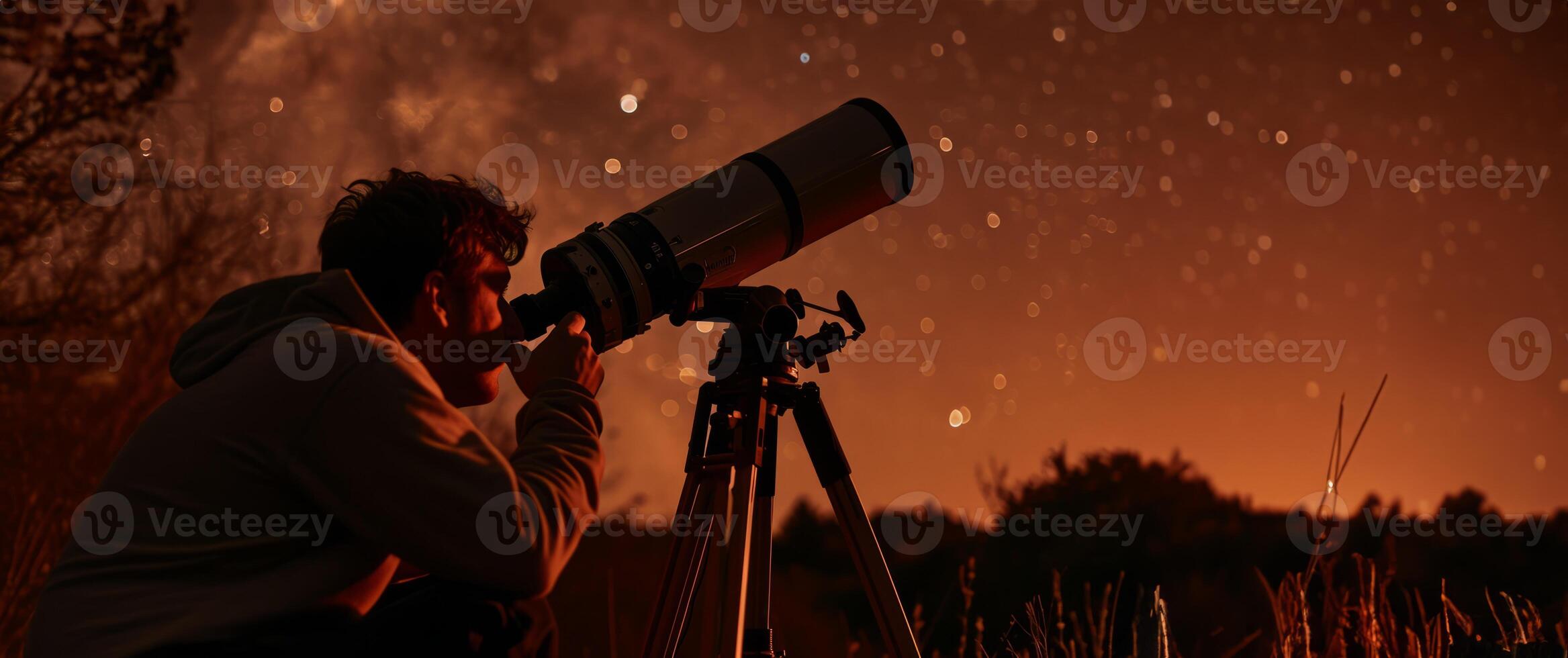 AI generated An amateur astronomer looks through a telescope at the starry sky Generative AI photo