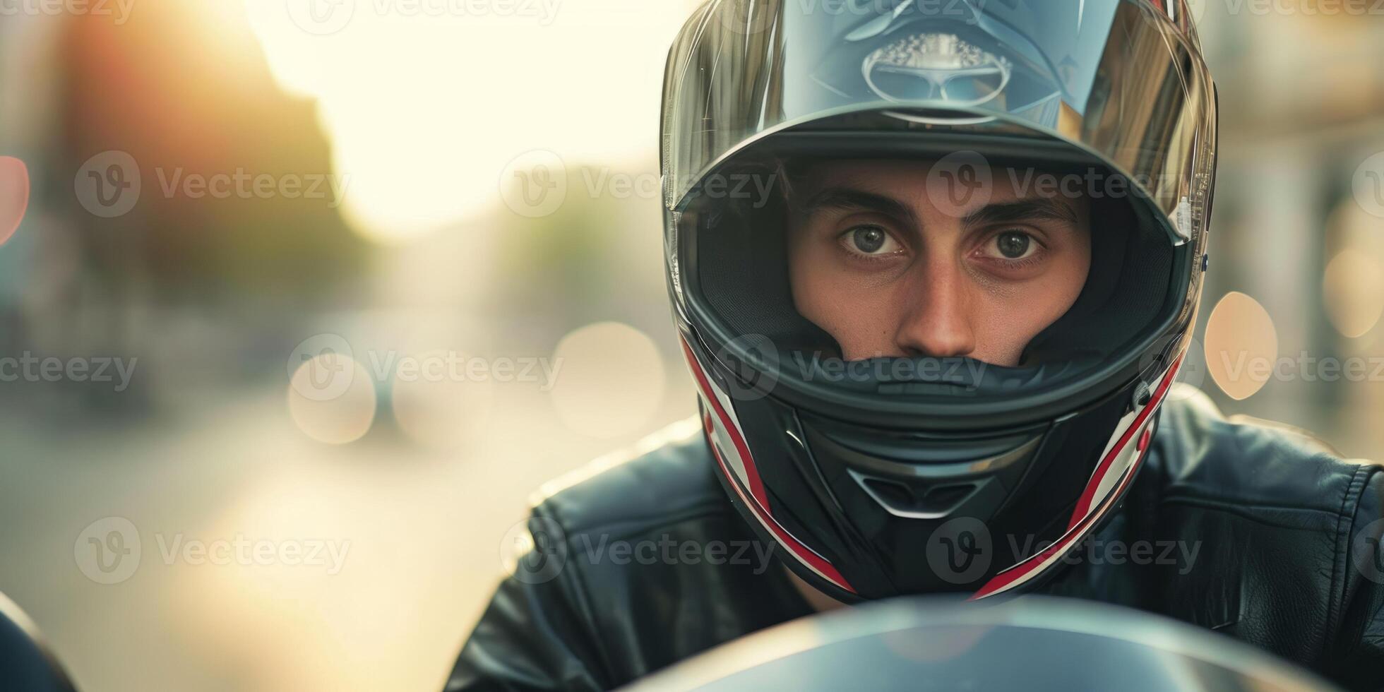 AI generated male biker in a helmet close-up on a motorcycle Generative AI photo